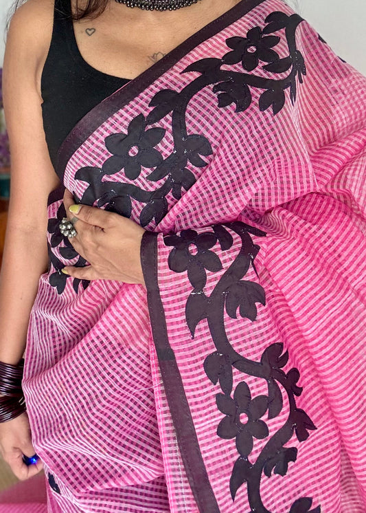 Gulaabi Drama - pink kota saree with black floral cut work - YCTORKDAP17