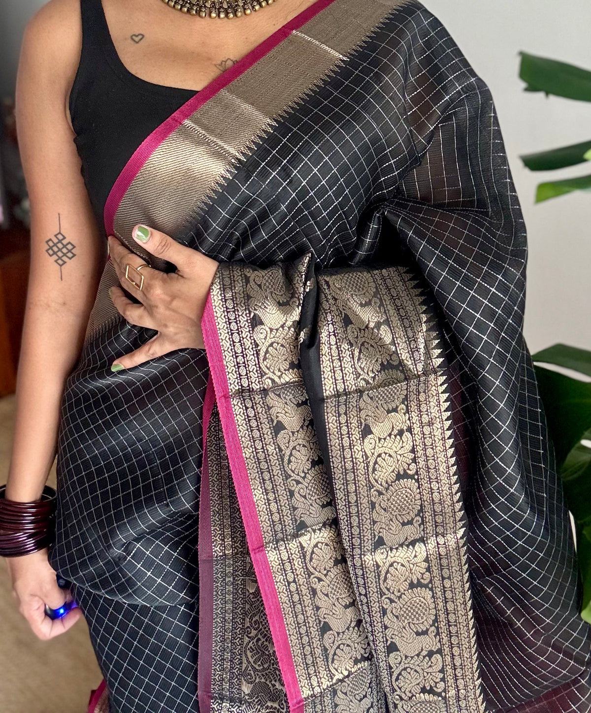 Black with dark pink silver zari checks, silver and gold peacock woven zari border, mangalgiri silk cotton, handwoven, soft, light weight - YCWOTDMSCOC123