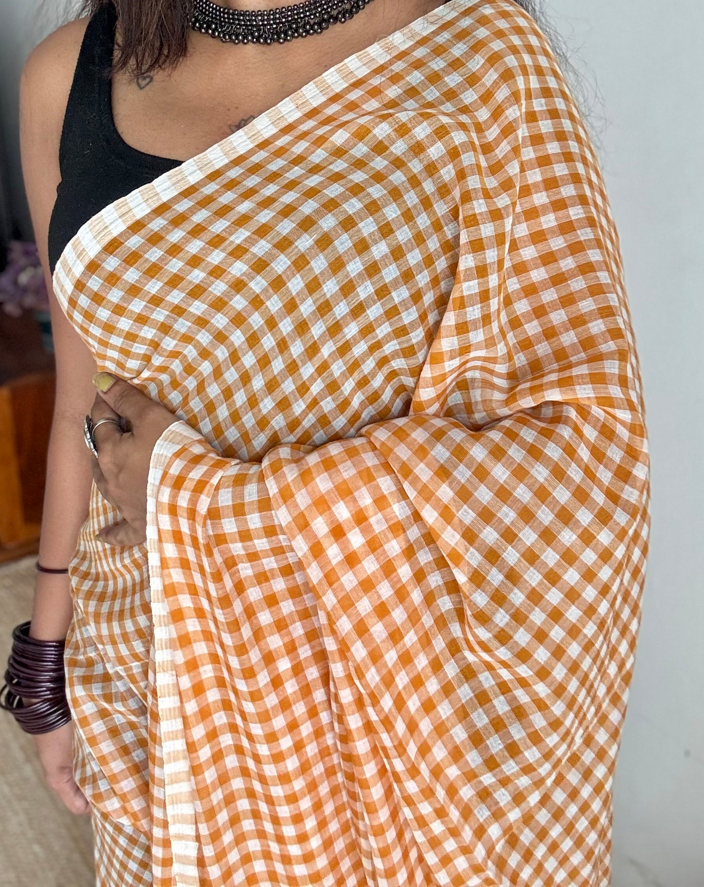 Light orange and white checkered mul cotton saree  - YCBCMCCMA26