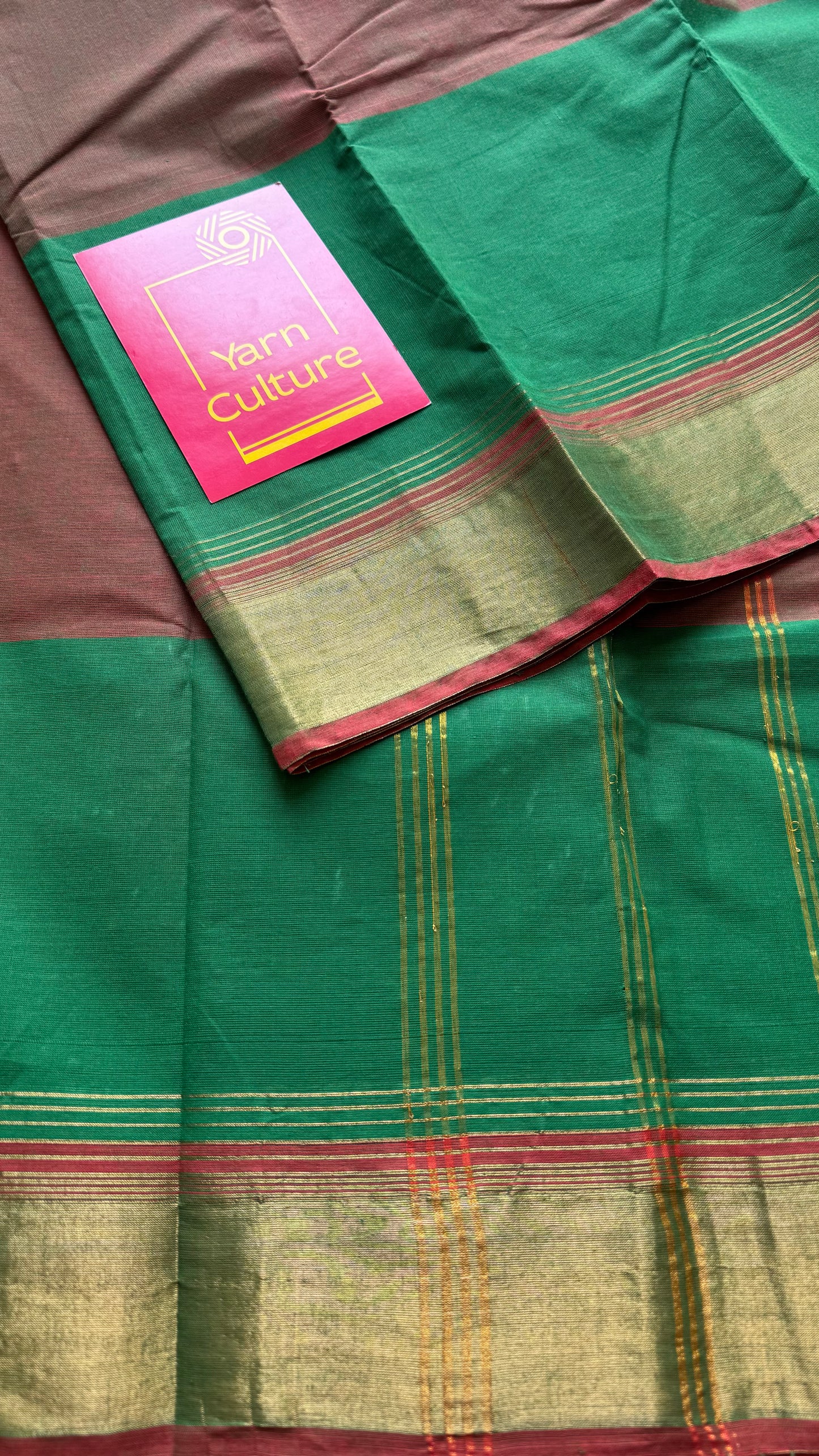 Light brown and green Chettinad cotton saree with antique gold zari border - YCCOTNCCFE155