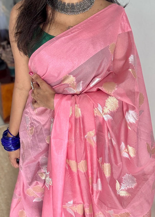 Pink with gold and silver floral buttas, Banarasi semi-crepe silk - YCDESE47