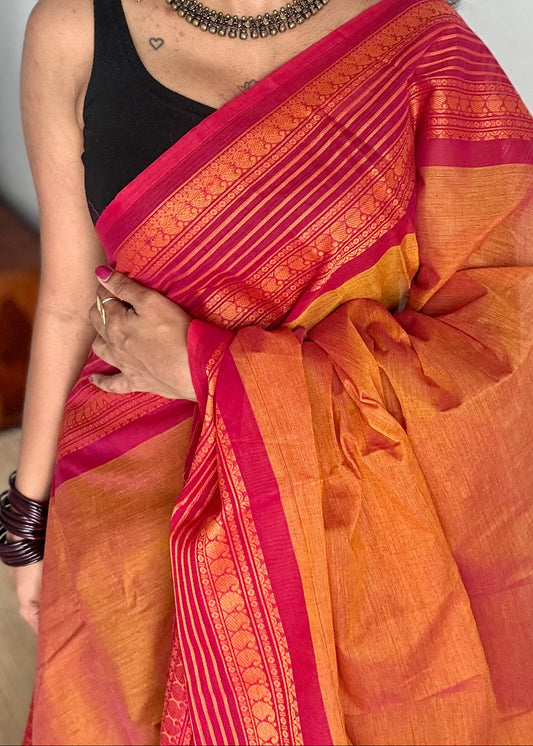 Orange with cherry red contrast thread border, kanchi cotton - YCCOTNOCCC03