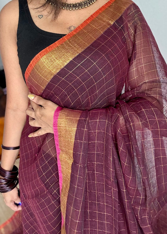 Brown linen by cotton saree, gold checks & copper zari pallu - YCBCLCFE394