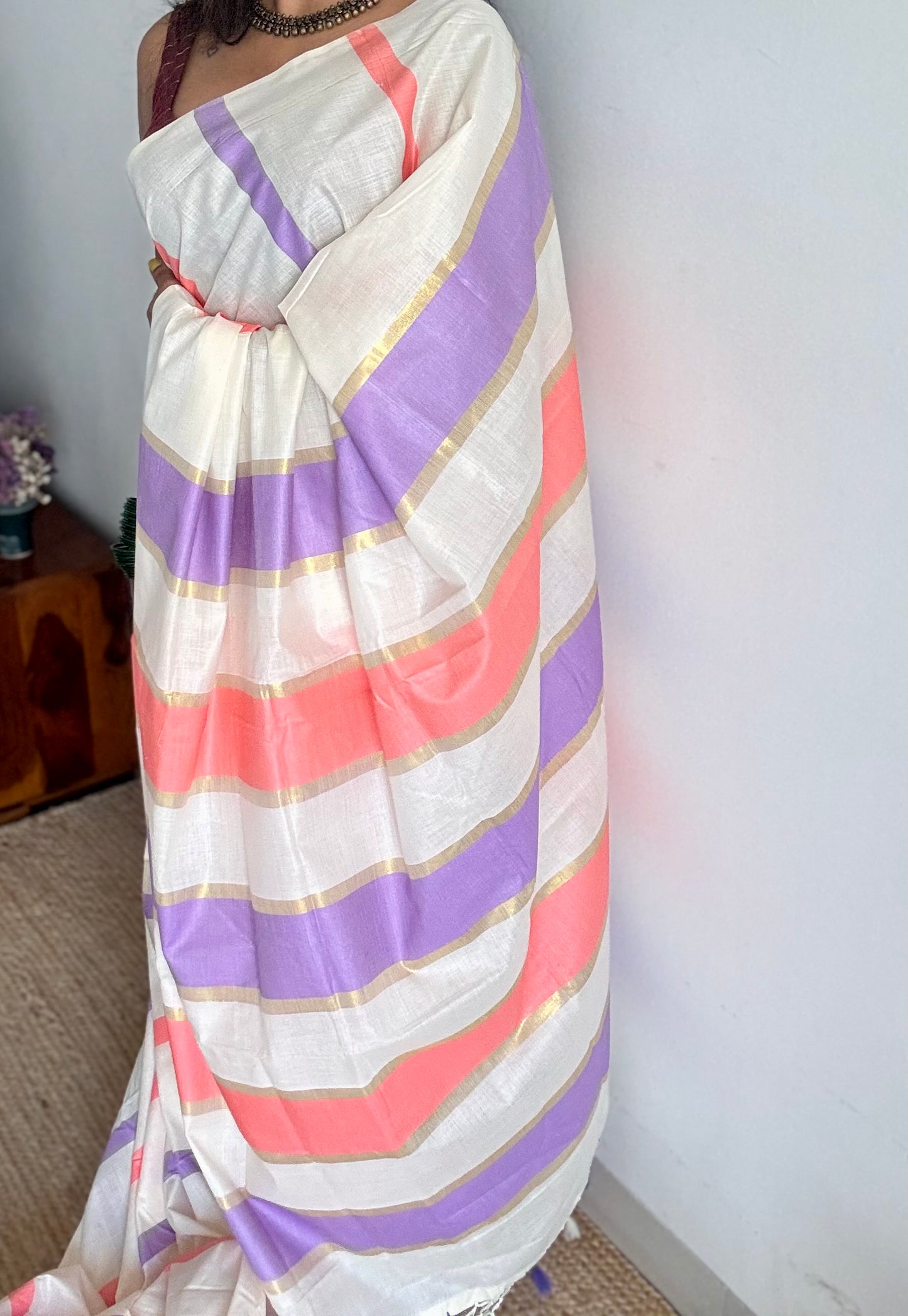 Ivory Kerala cotton saree with lilac and peach stripes - YCIEKCFE304