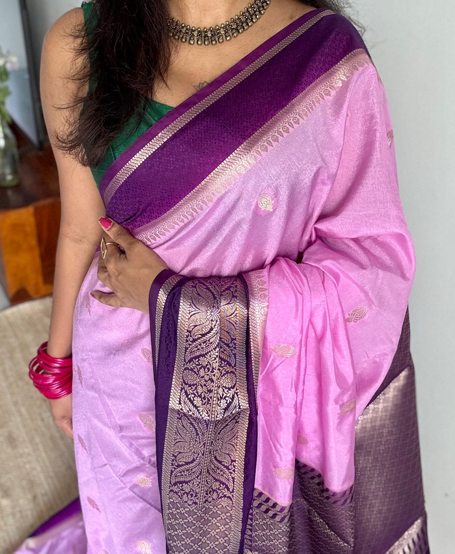 Pink with purple border, Banarasi semi-silk - YCDESE04