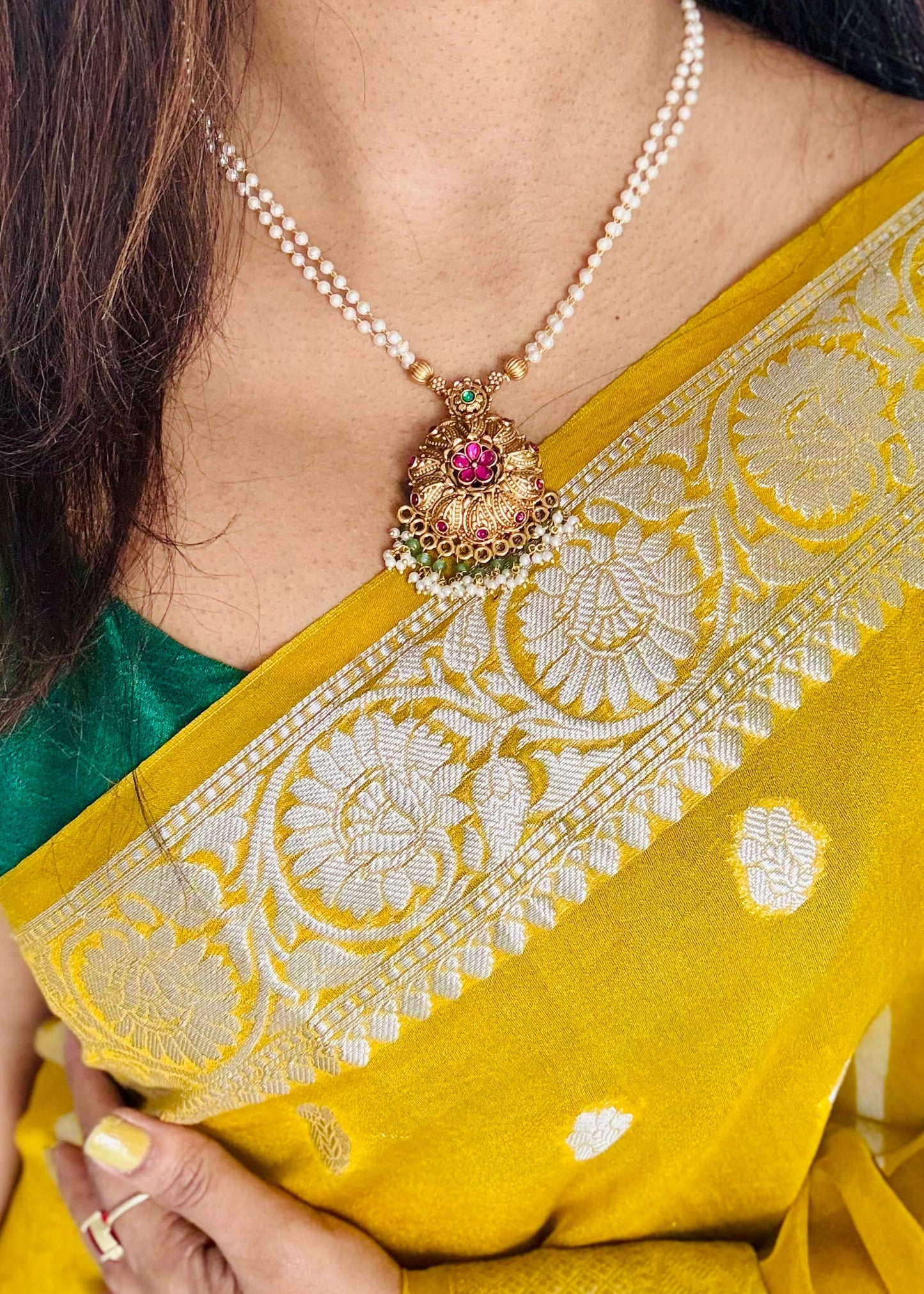 Floral ruby green pendant pearl chain neckpiece with earrings - YCGPNP667