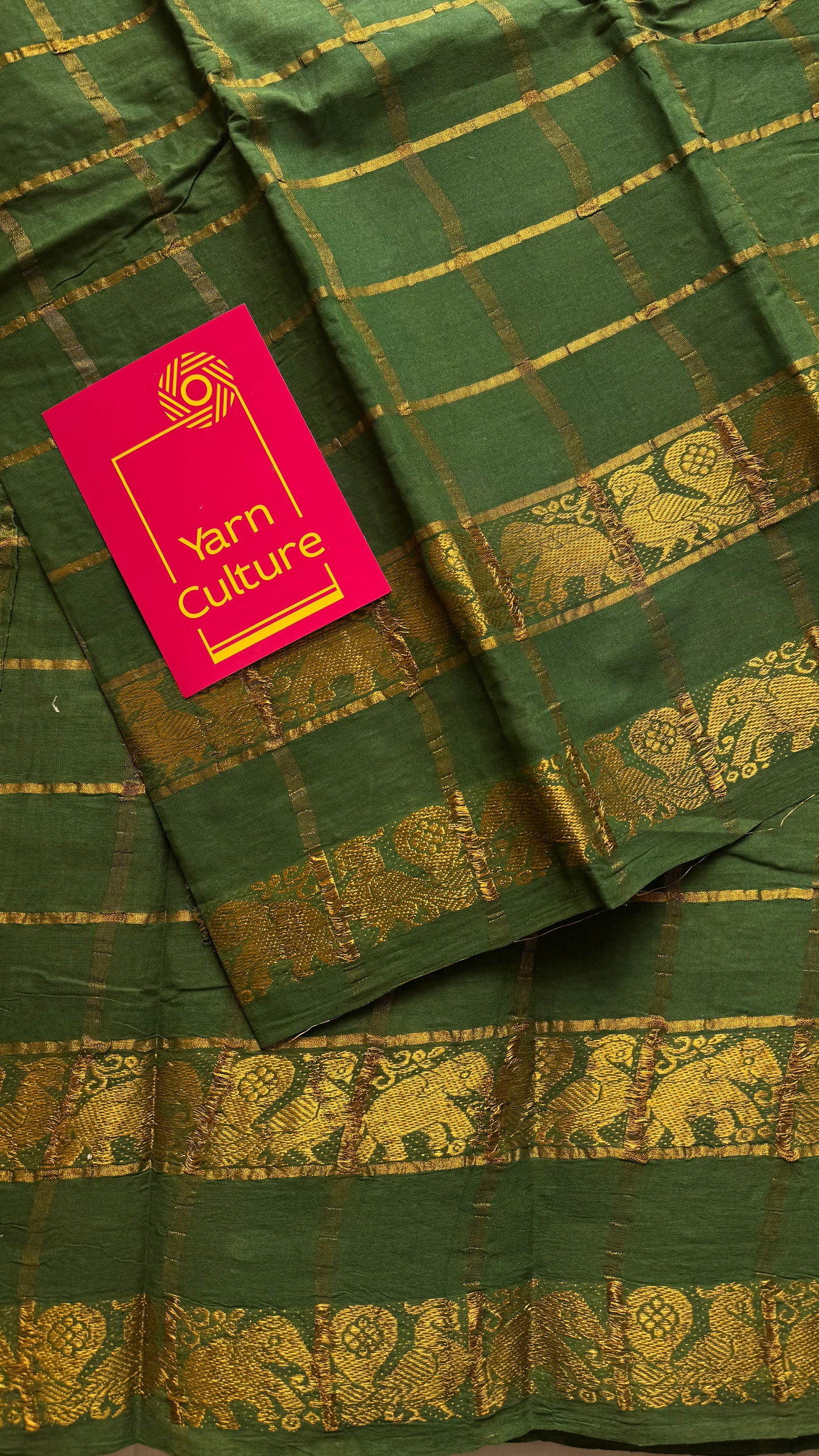 Green kattam with motif double border, kattuchayam dyed madurai cotton saree - YCCOTNMSAP176