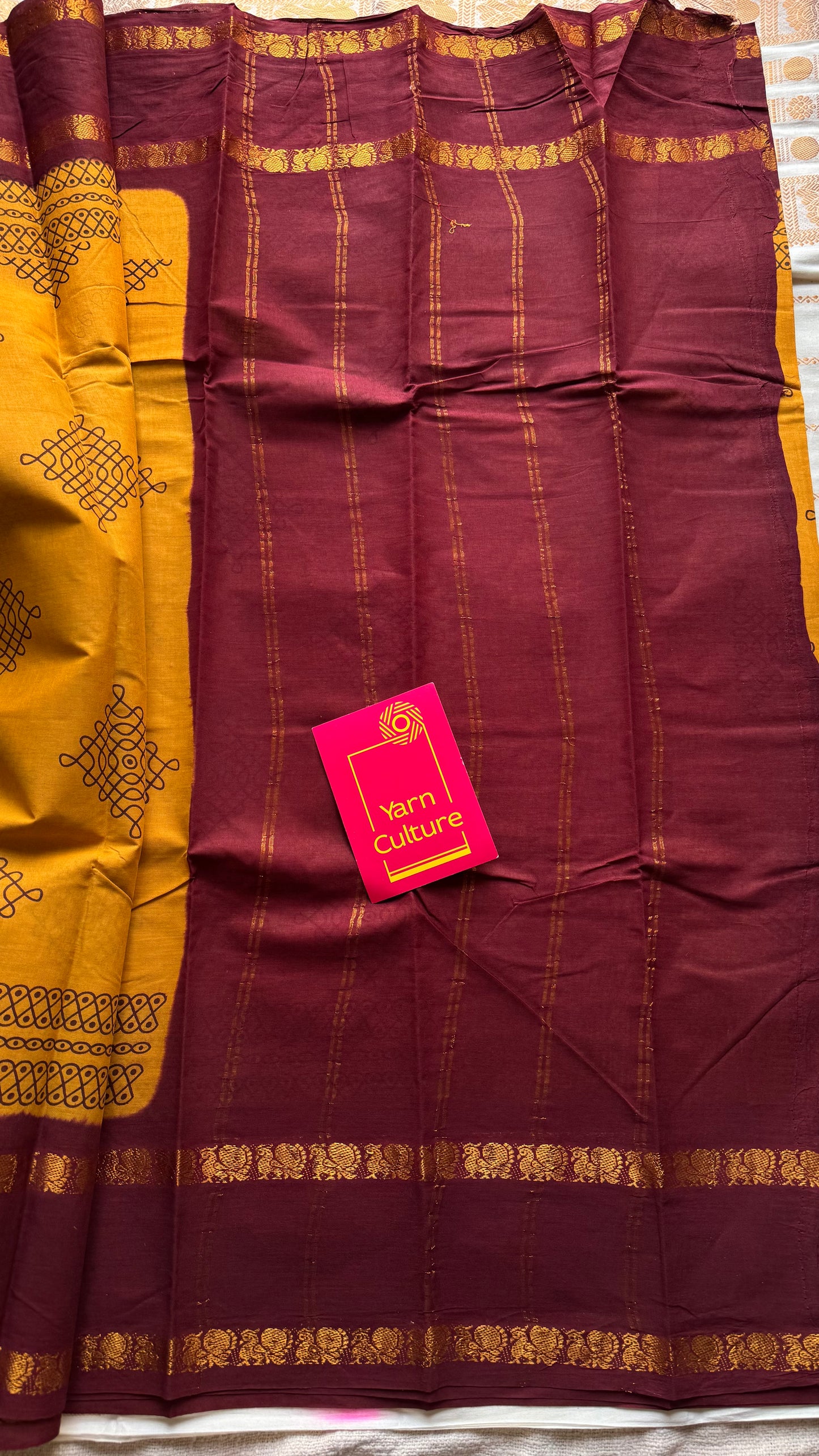 Turmeric yellow with maroon, kolam print, rettaipettu peacock double border, madurai soft cotton - YCCOTNMSAP202