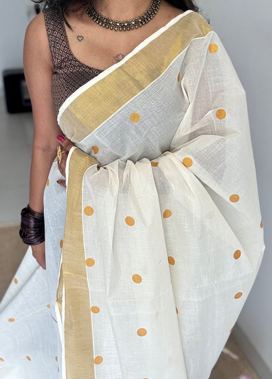 Ivory and gold with buttas, kerala soft cotton - YCON25KCPD253