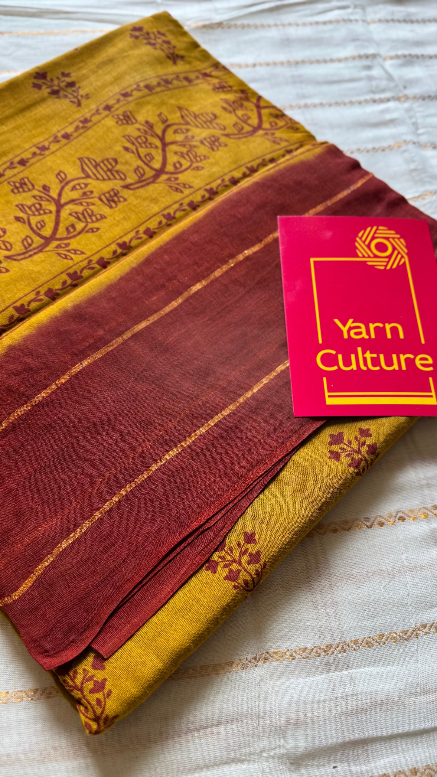 Mustard yellow with burnt red contrast, kattuchayam dyed madurai cotton saree - YCCOTNMA247