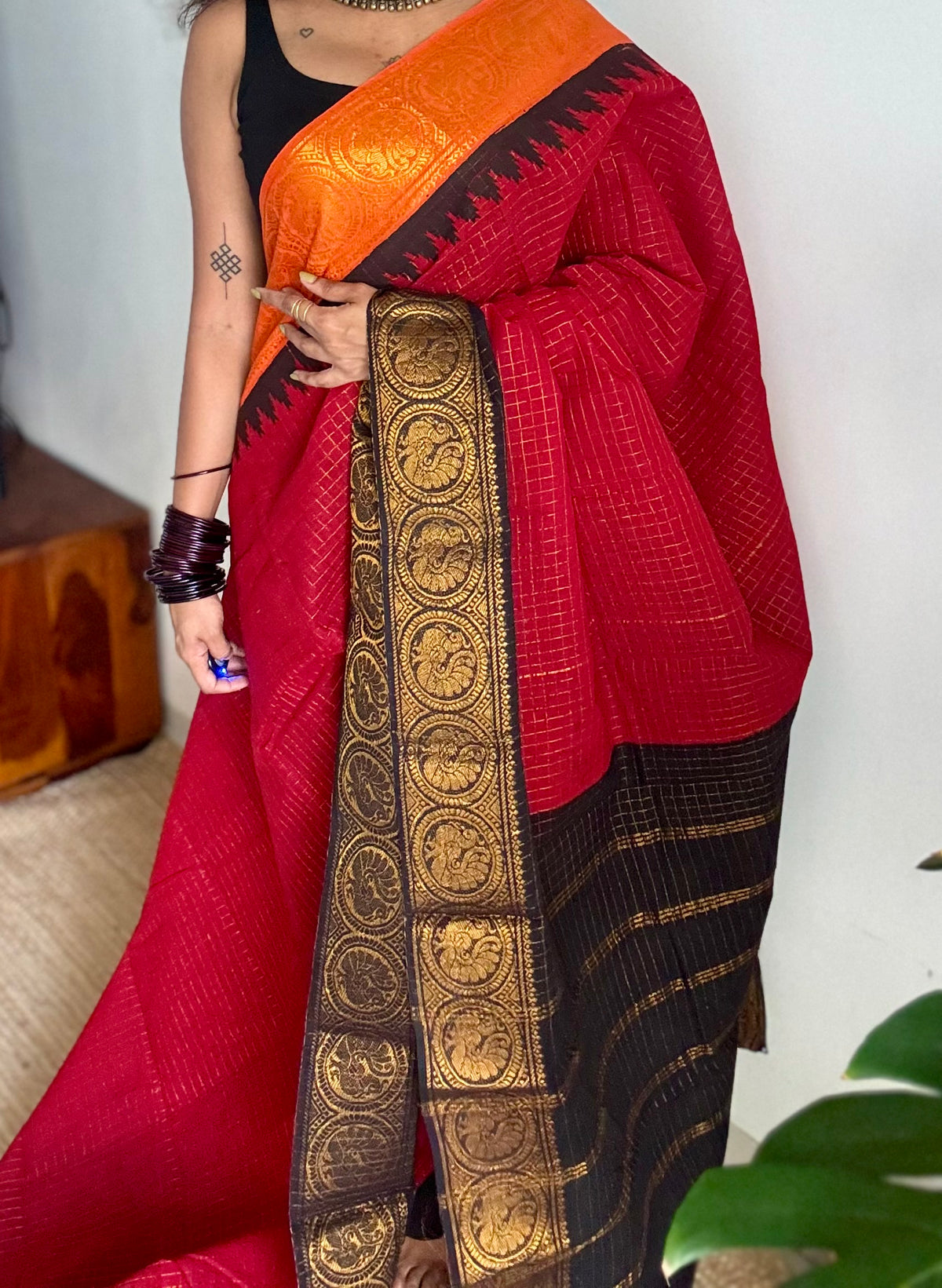 Sungudi cotton checks, red base, orange and black dual tone border, soft cotton - YCCOTNMSSE12