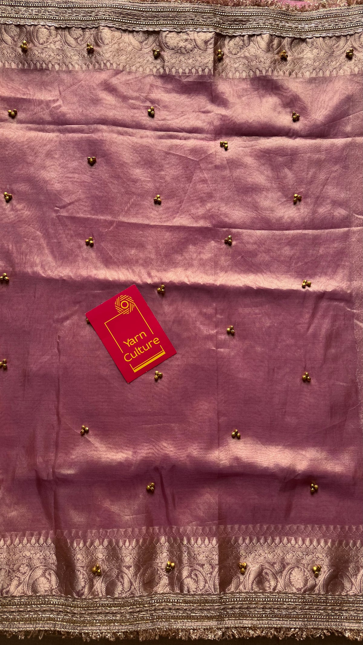 Pink gold tissue Banarasi saree with ghungroo embellishments and zari border - YCBLTOC71