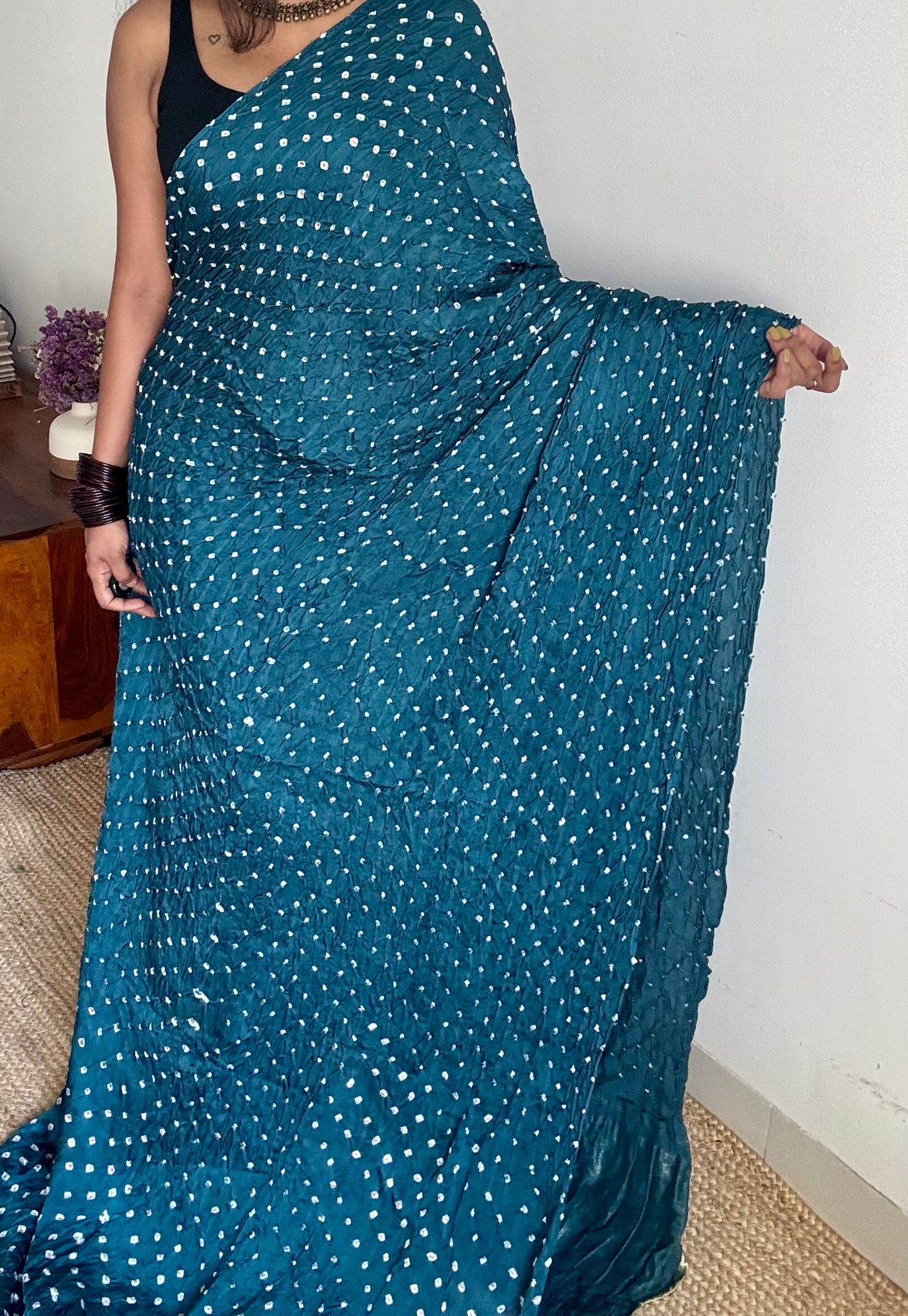 Teal/peacock blue, crushed bandhej pure modal silk saree with lagdi patta zari pallu - YCTOKBM330