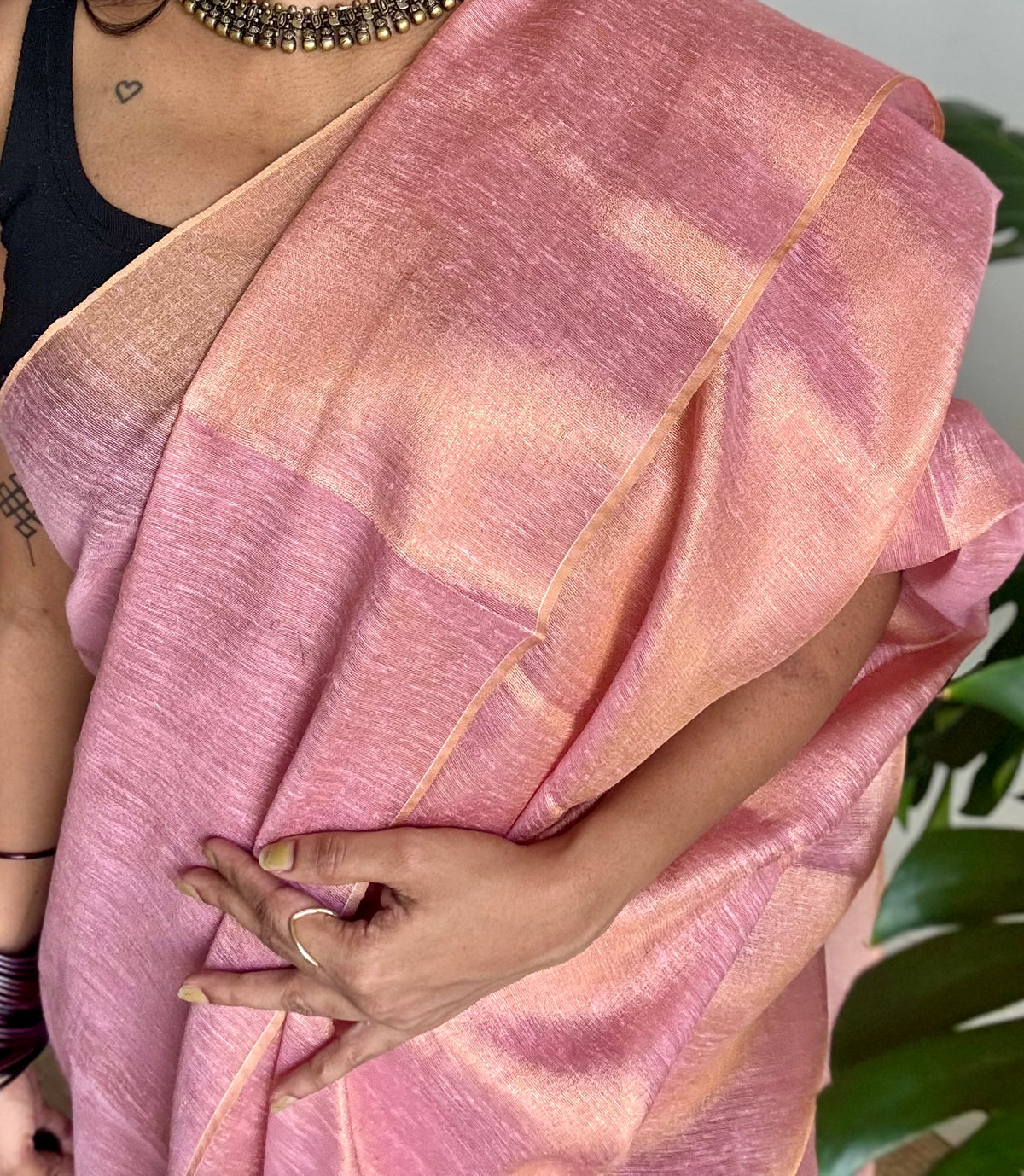 Baby pink with gold, dual tone metallic tissue linen saree - YCBCLTOC53