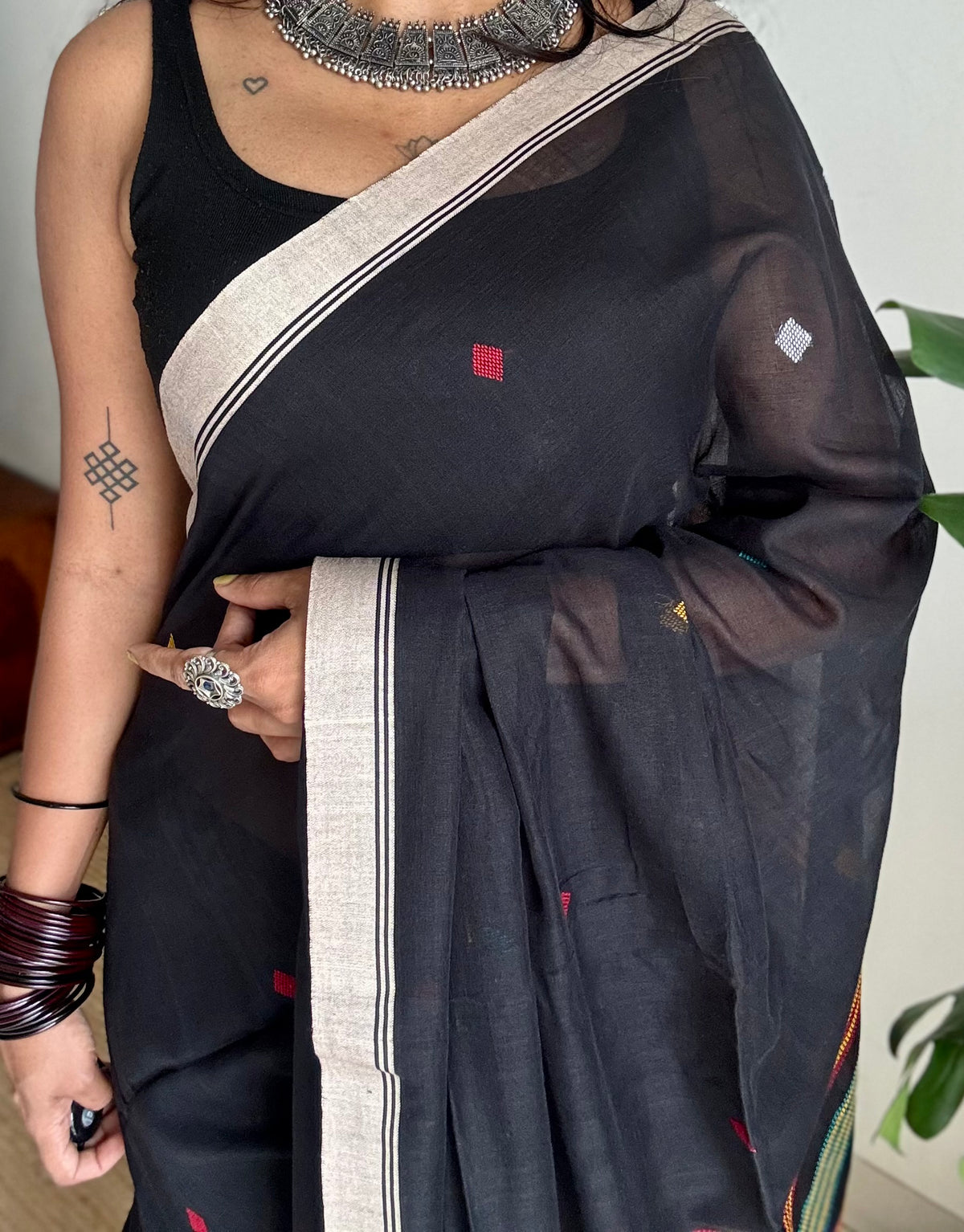 Handloom Bengal soft cotton saree, black with woven buttas and beige borders - YCBCMCSE37