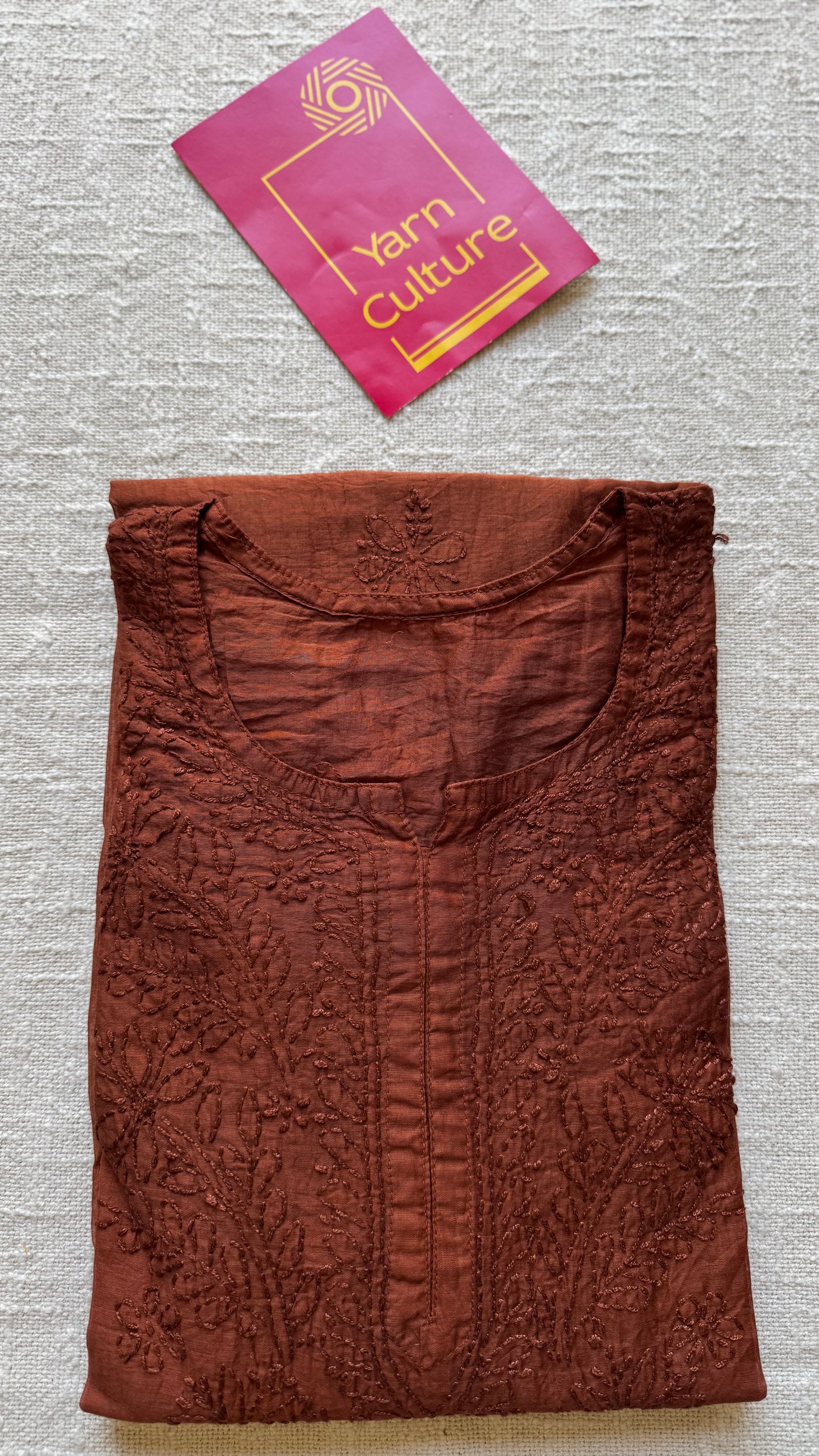Brown muslin chanderi chikankari with bakhiya work, stitched kurta, round neck, three fourth sleeves - YCSECK29