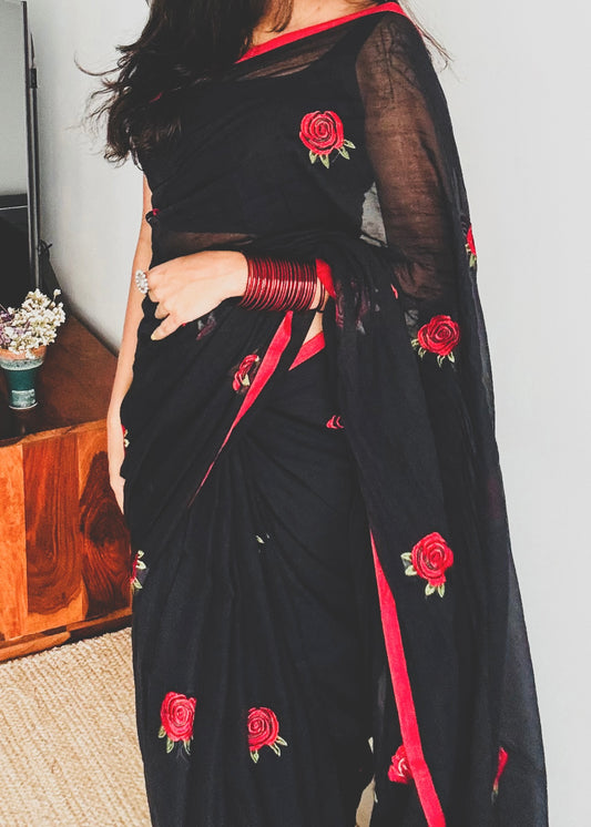 Black mul with red rose thread embroidery - YCBCMCNO69