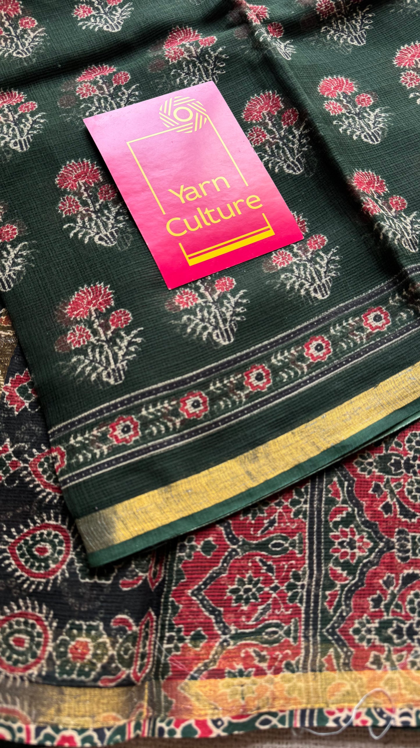 Mirchi Mix - dark green with red floral kota doria saree, with gold zari border - YCTORKDJU28