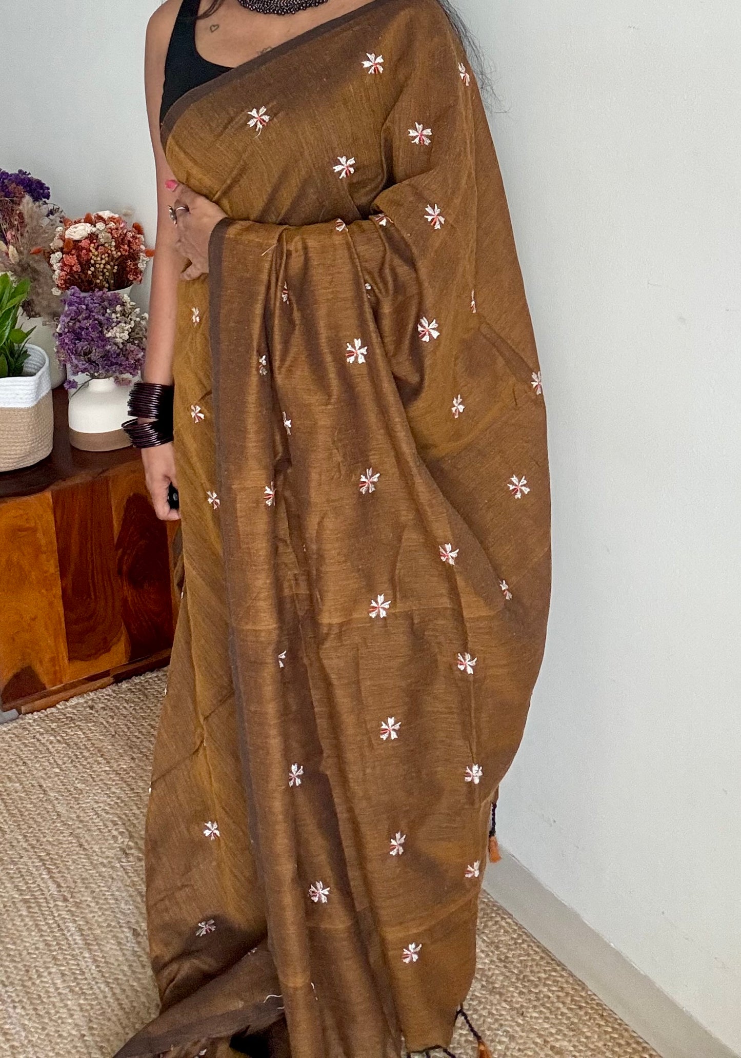 Mustard brown parijat soft cotton saree  - YCBCKCAP39