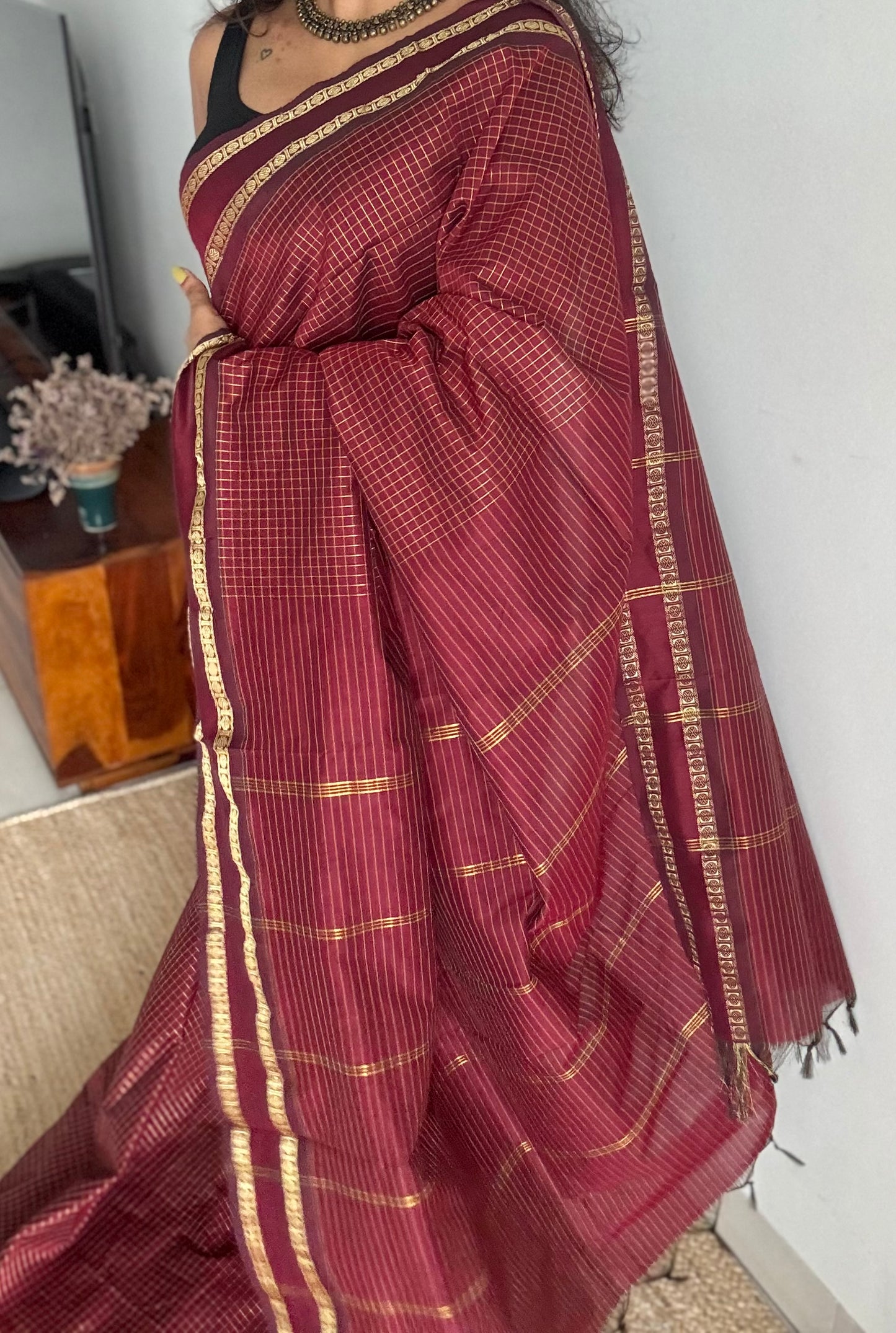 Maroonish brown, zari arani checks, cotton silk - YCCOTNOCAR36a