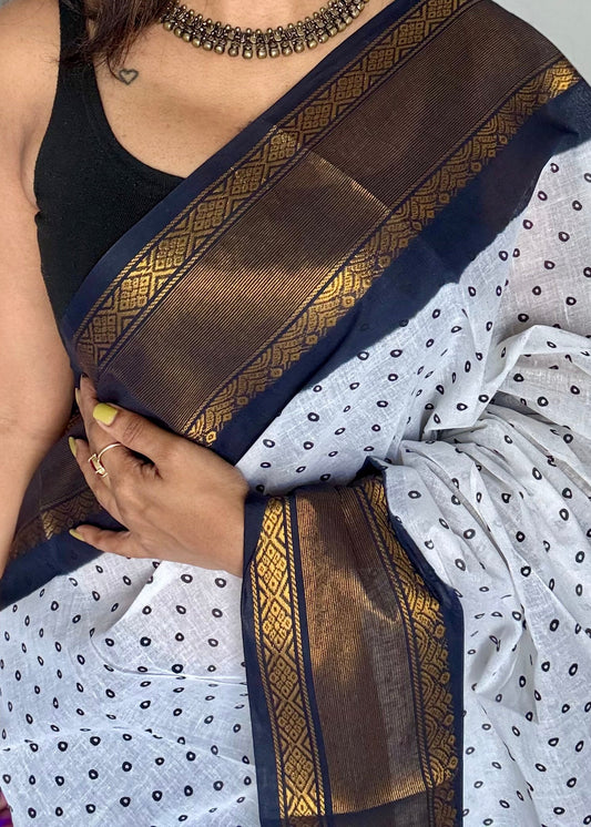 White and black with antique gold zari border, kattuchayam dyed madurai cotton saree - YCCOTNMSFE94