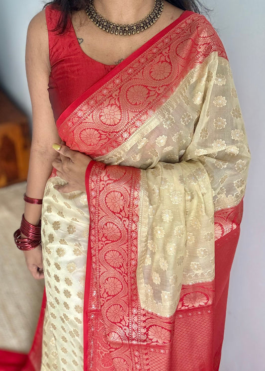 Cream with red contrast borders, banarasi semi georgette - YCBCDP19