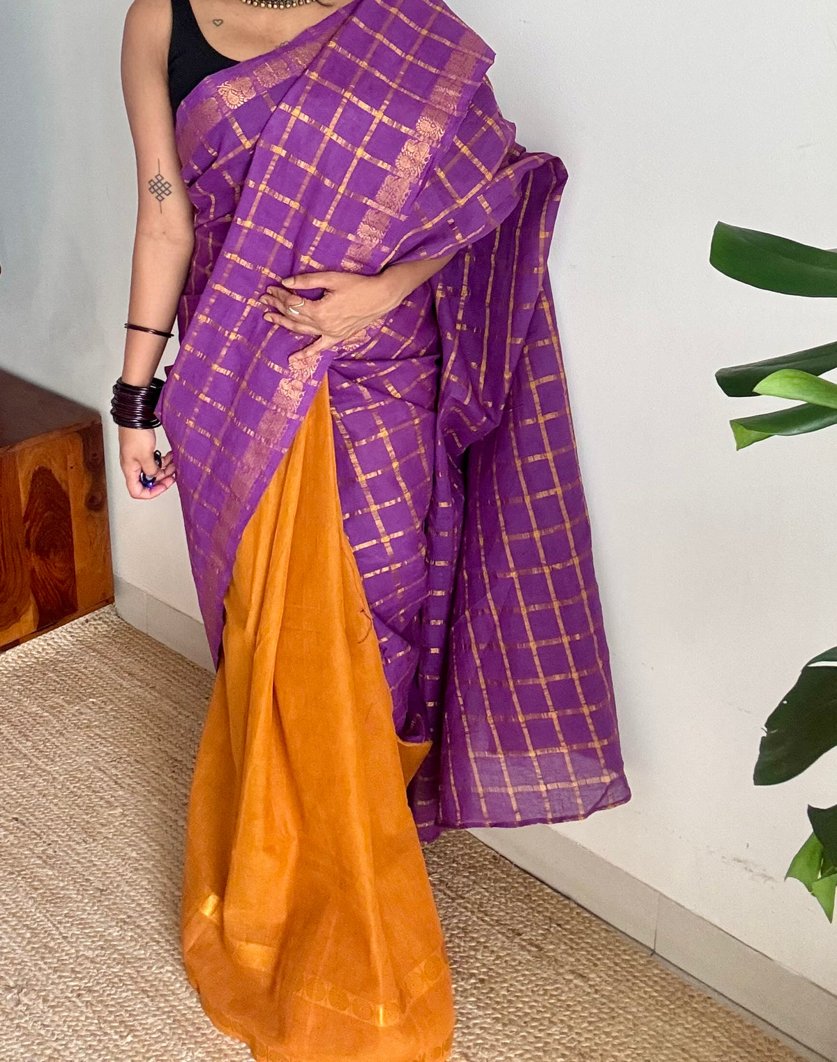 Purple with turmeric yellow, sungudi cotton half-half saree - YCCOTNIDOC14