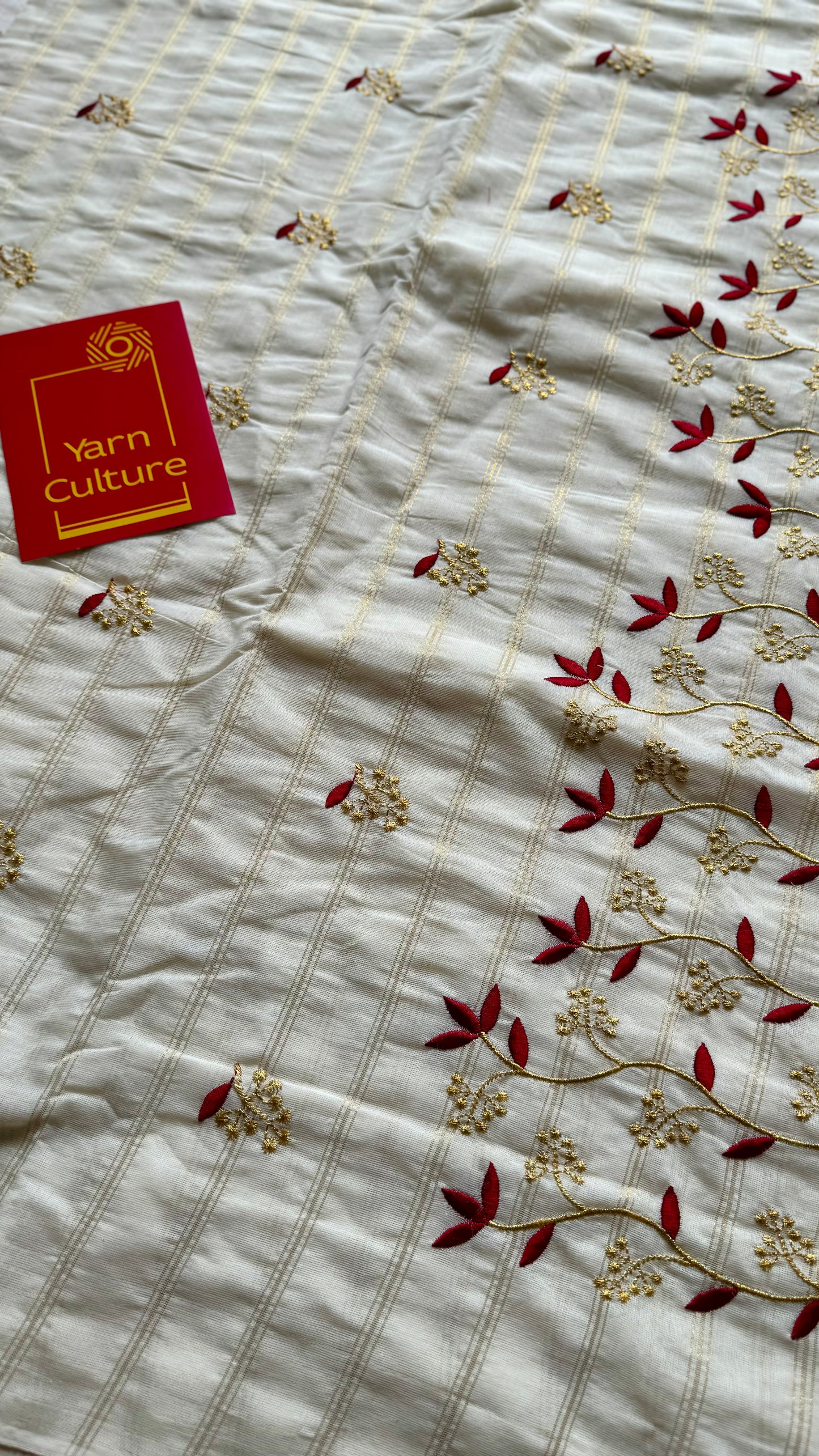 Ivory and gold soft cotton saree, maroon floral vine embroidery  - YCIEON58