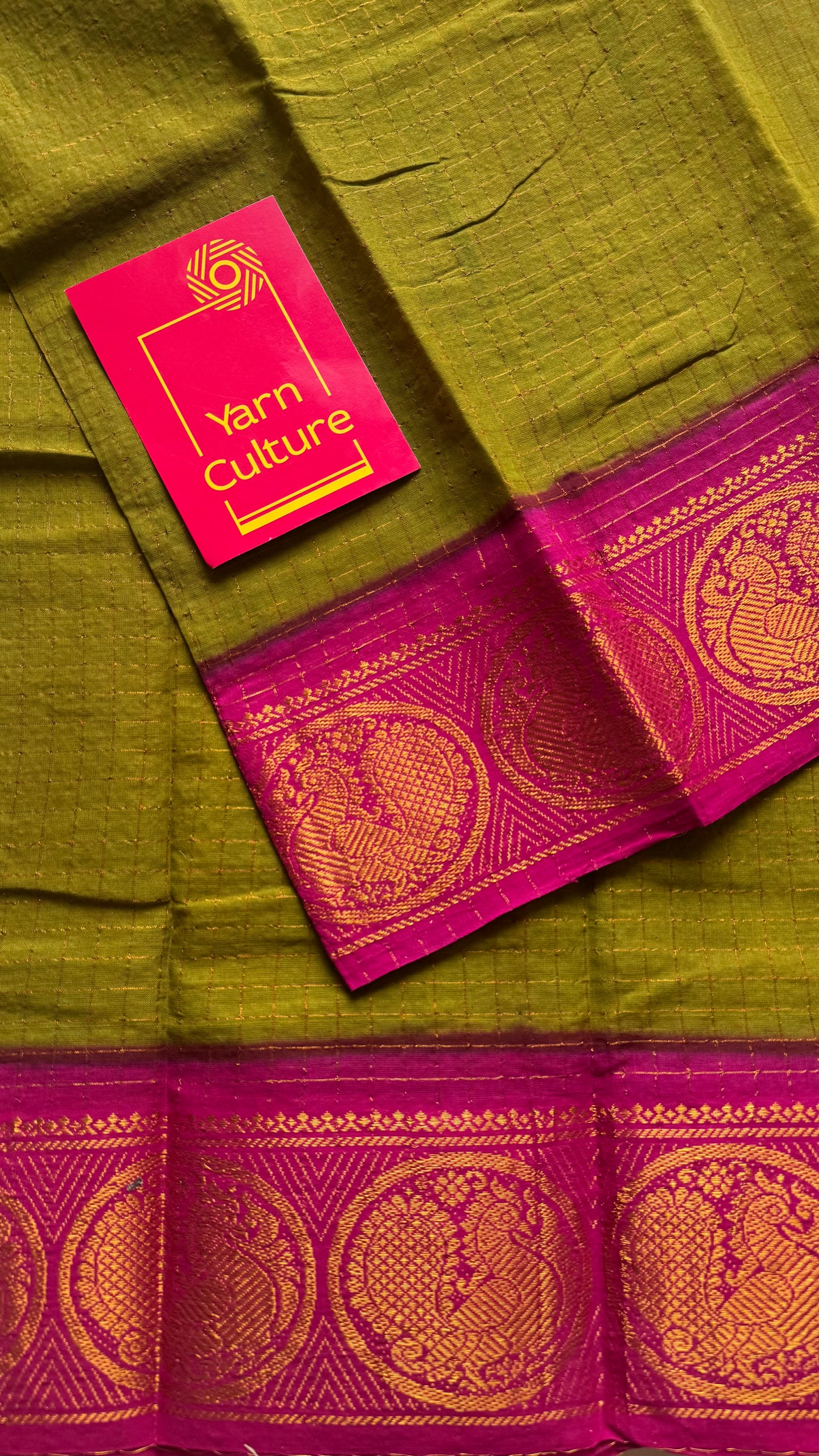 Olive green with magenta contrast zari checkered sungudi, kattuchayam dyed madurai cotton - YCCOTNJU25