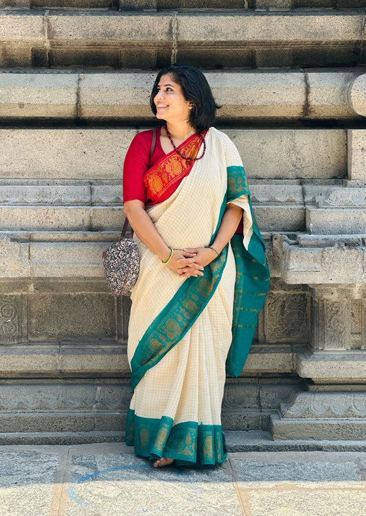 Chinnu: Sungudi cotton checks, ivory gold base, turquoise and red dual tone border, soft cotton - YCONCOTN215