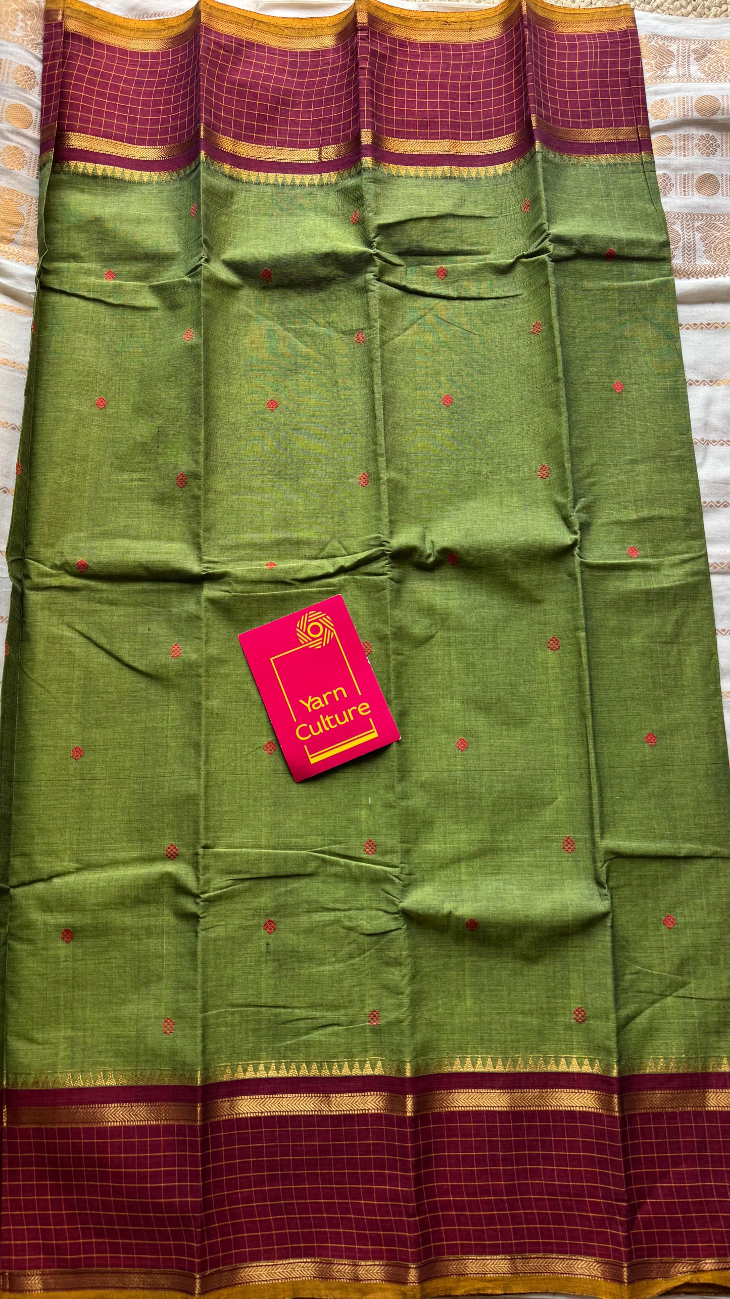 Green and maroon contrast, Chettinad cotton saree with checkered border  - YCCOTNMA271