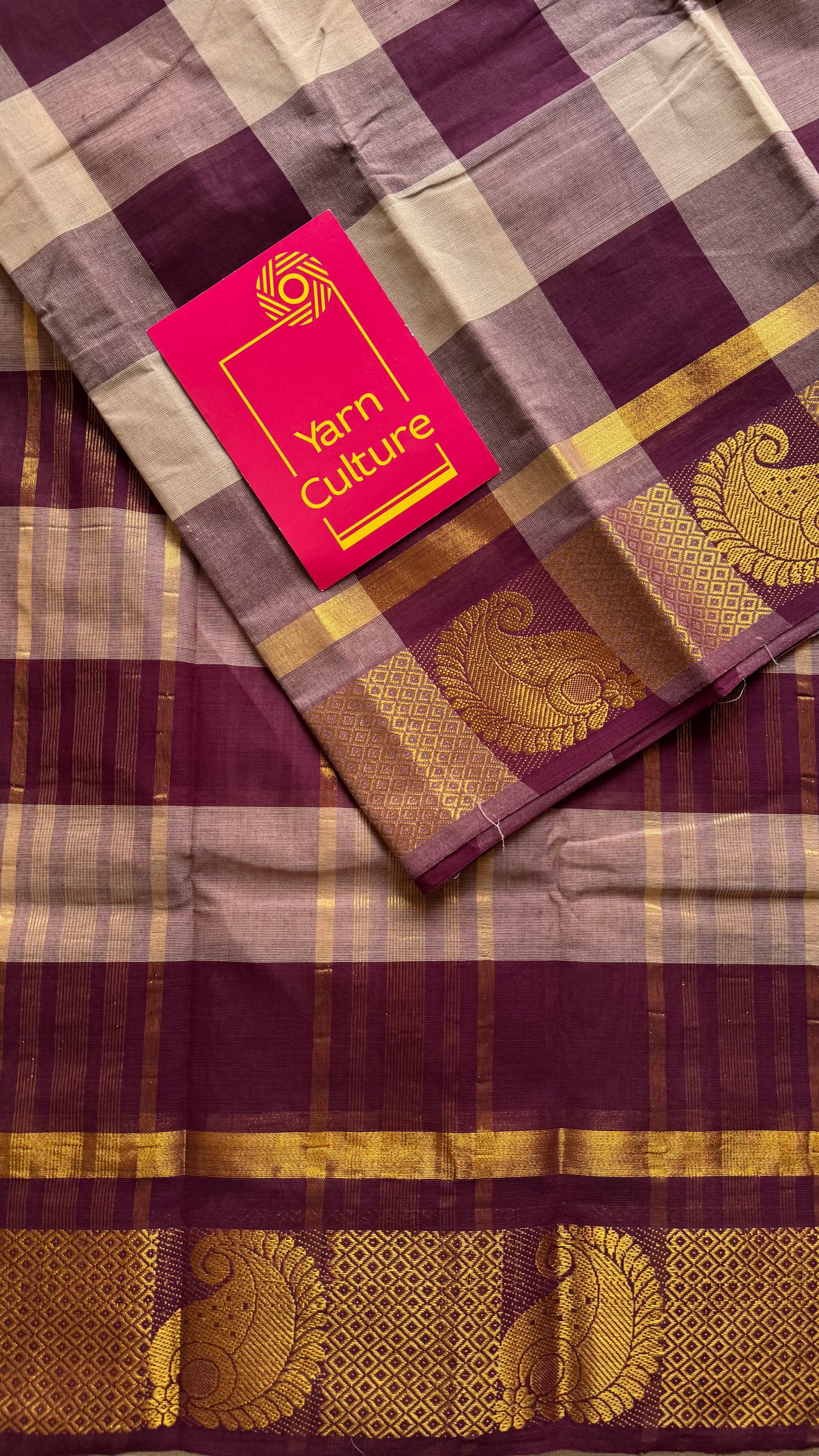 Chettinad cotton saree with cream and maroon checks, paisley motif border - YCCOTNAP63