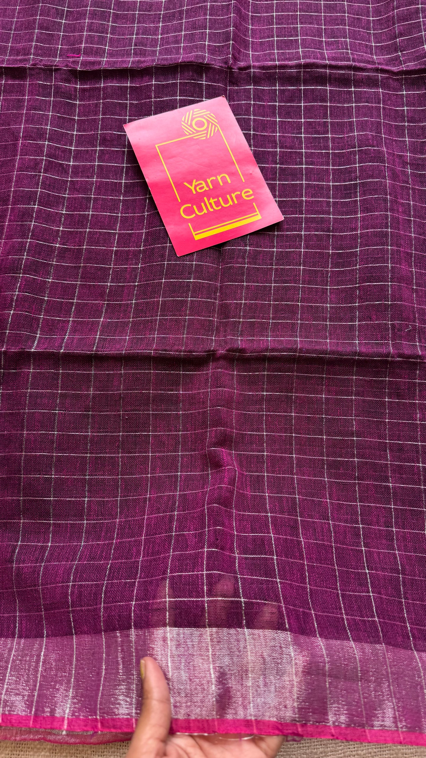 Wine linen by cotton saree, silver checks & zari pallu - YCBCLCFE391