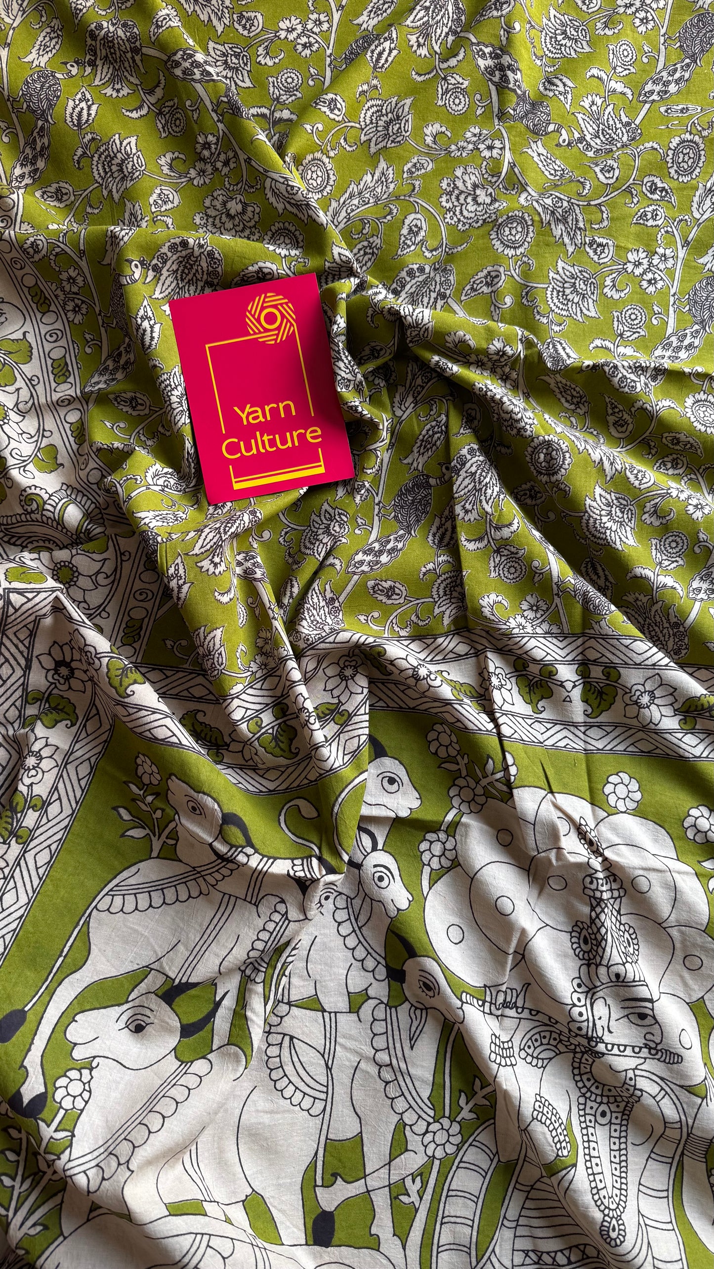 Light green kalamkari saree, floral vines, soft cotton - YCWOTDMA345