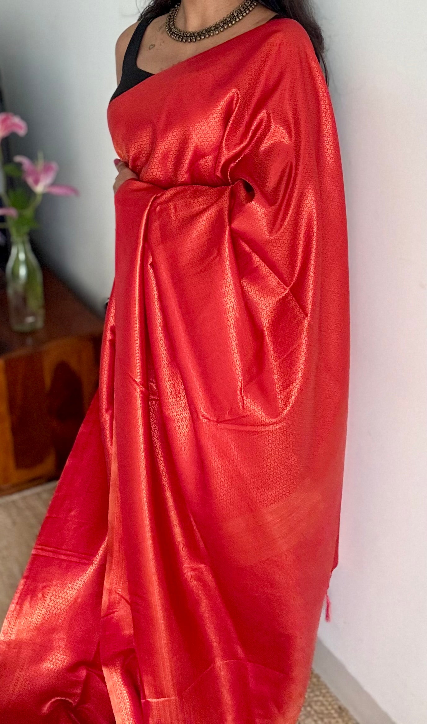 Red, antique gold zari, semi-silk - YCDOSOCSS06