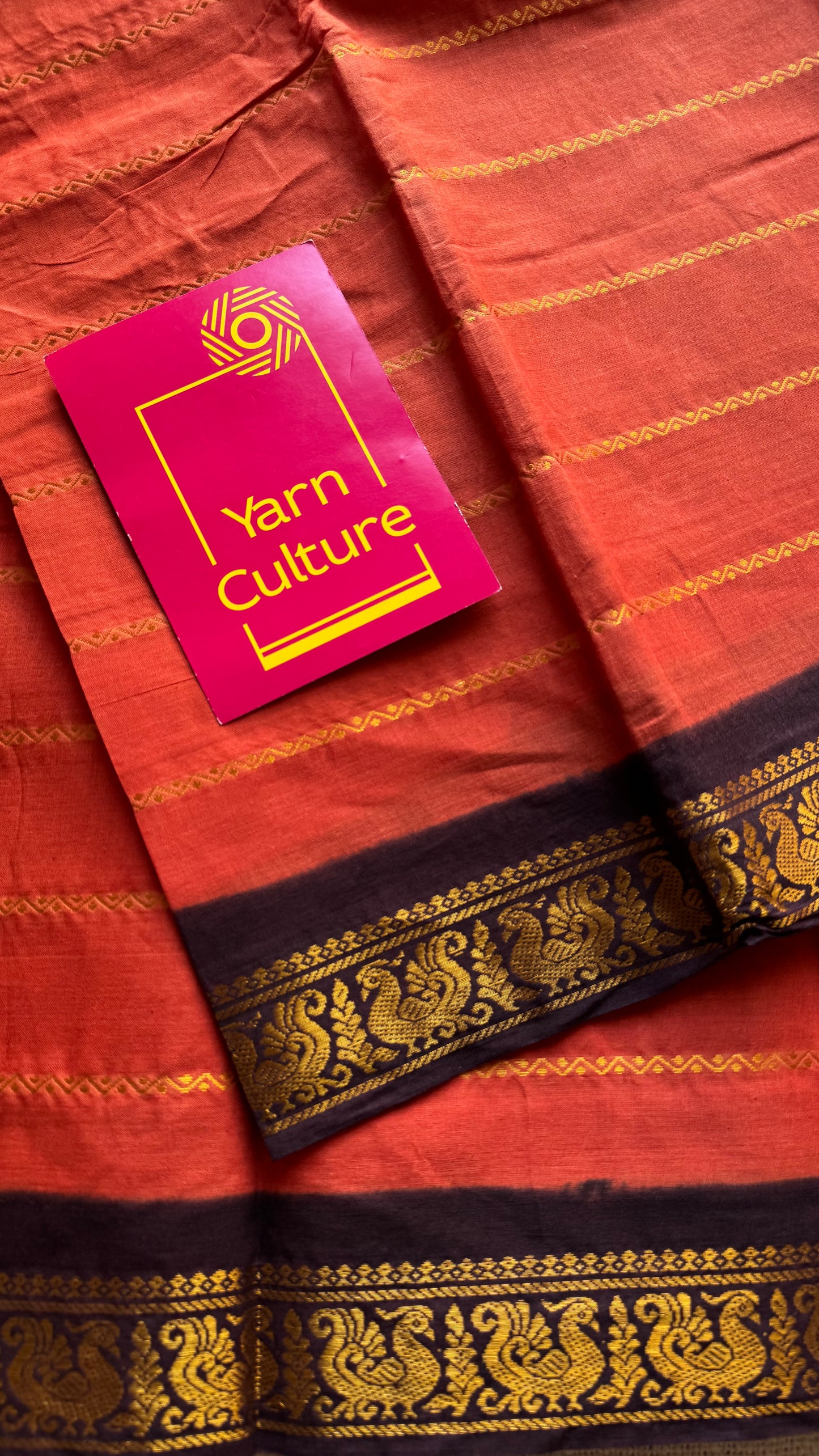 Orange with brown velthaari patterned kattuchayam dyed madurai cotton saree - YCCOTNMSFE274