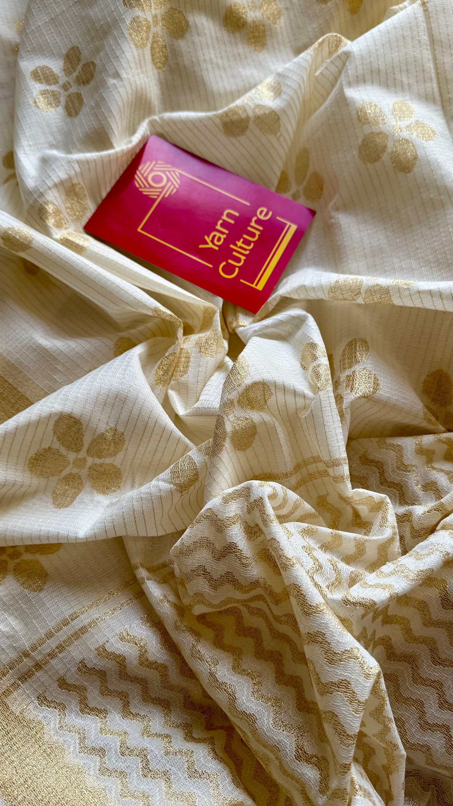 Ivory and gold soft net cotton saree, gold floral prints - YCIEON64