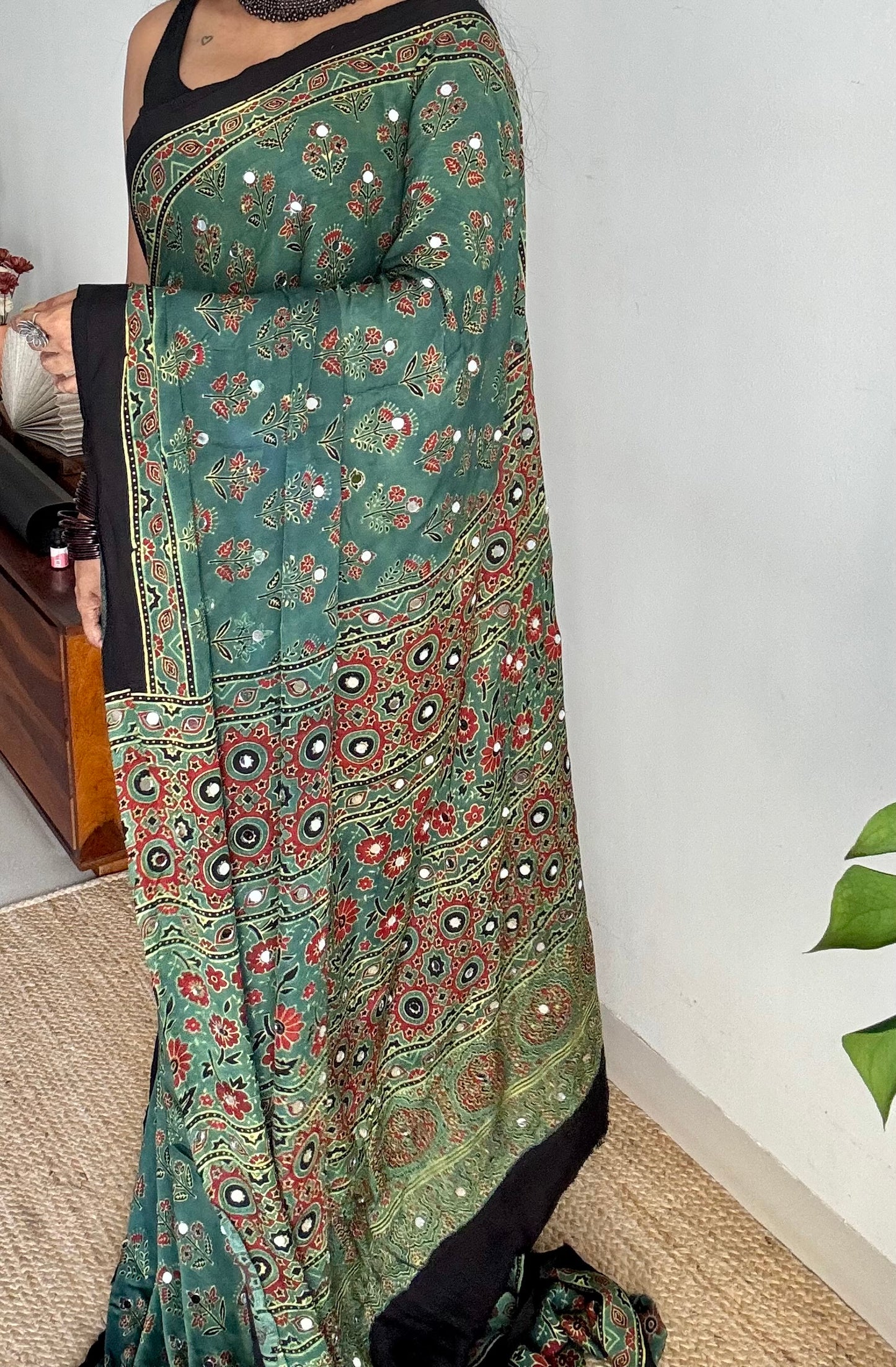 Jade green pure modal silk saree with ajrakh handblock print and mirror work - YCTOKAJM340