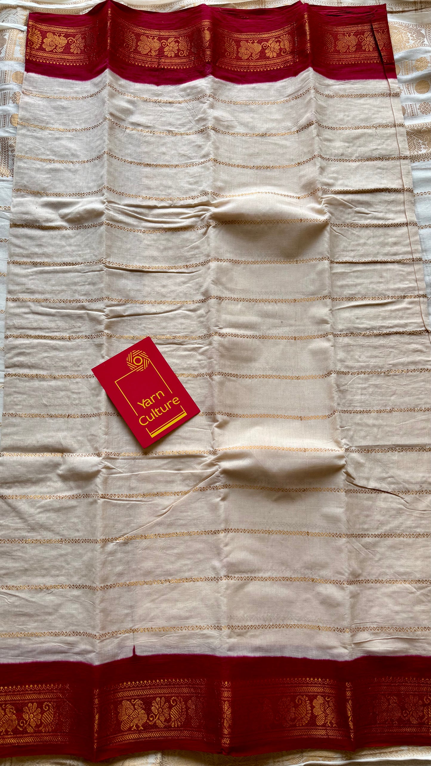 Ivory with red contrast velthaari sungudi, kattuchayam dyed madurai cotton - YCIEON105