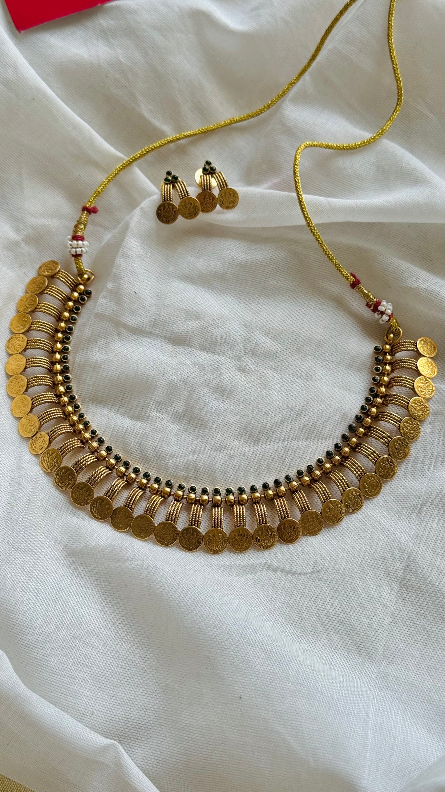 Coin neckpiece with green stones, with earrings - YCGPNP739