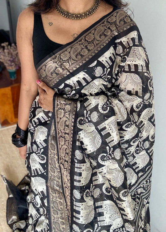 Black and white, printed kalamkari, elephant motif, semi-tussar - YCWOTDSTK04