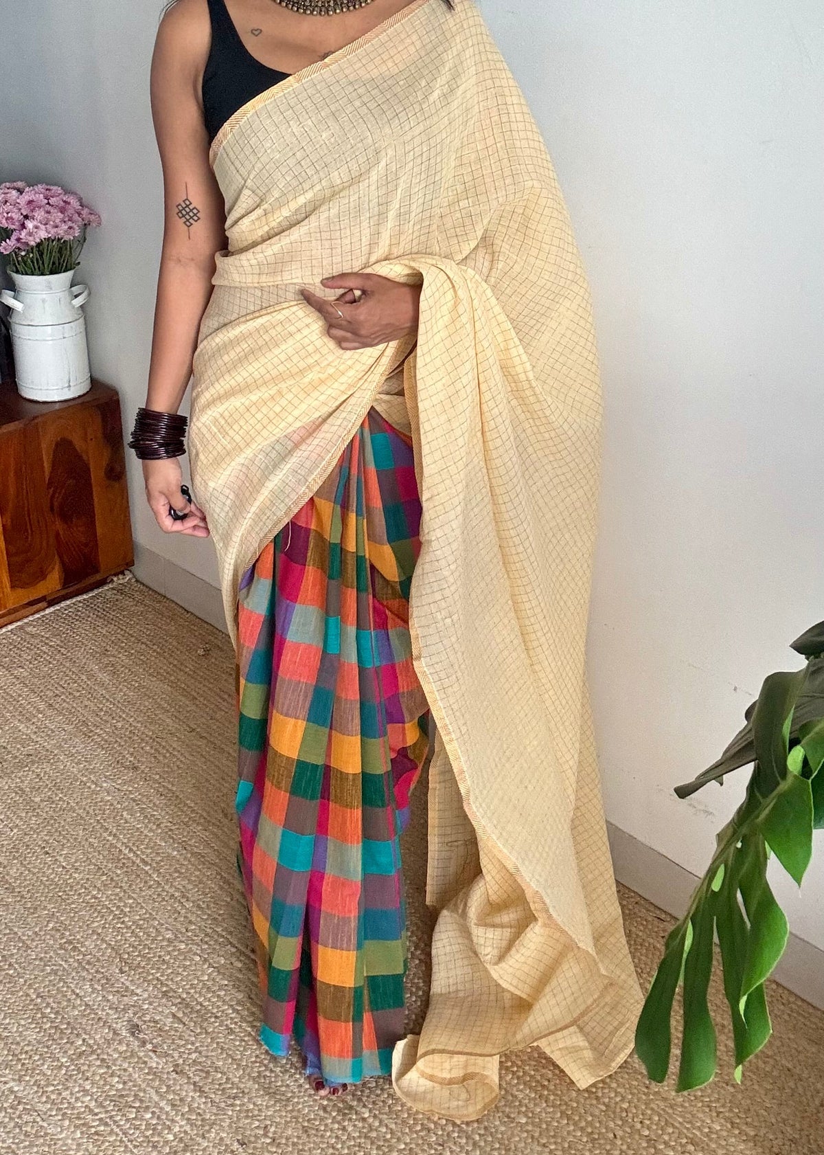 Ivory with multicoloured madras checks, cotton half and half saree - YCCOTNIDOC162
