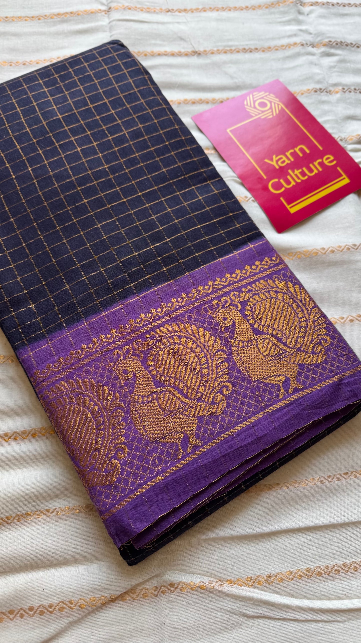 Dark blue with purple contrast zari checkered sungudi, kattuchayam dyed madurai cotton - YCCOTNMSAP92