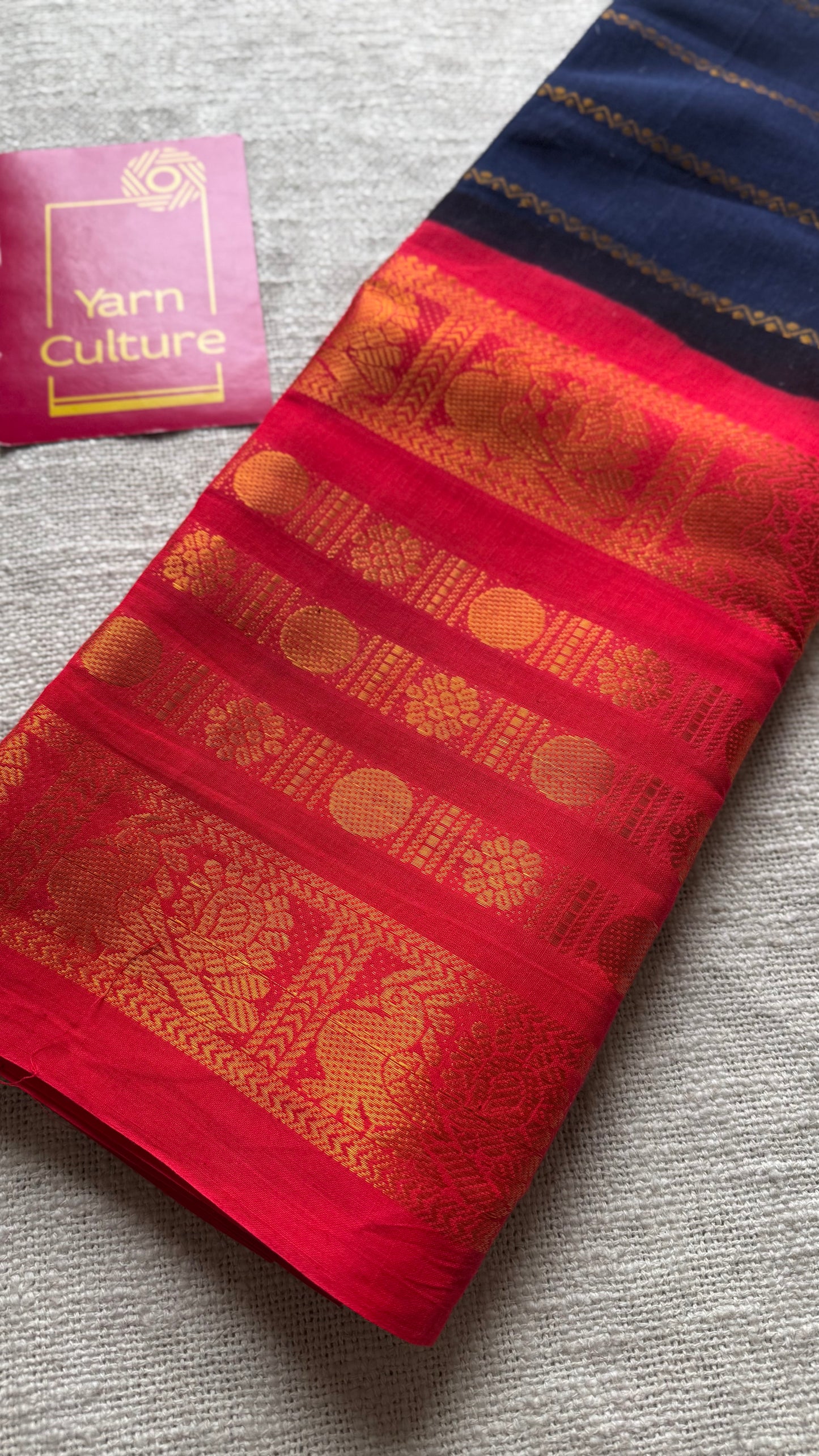 Dark blue, bright red, peacock rudraksham motif, single side broad zari - madurai kattuchayam dyed - YCCOTNAURS15
