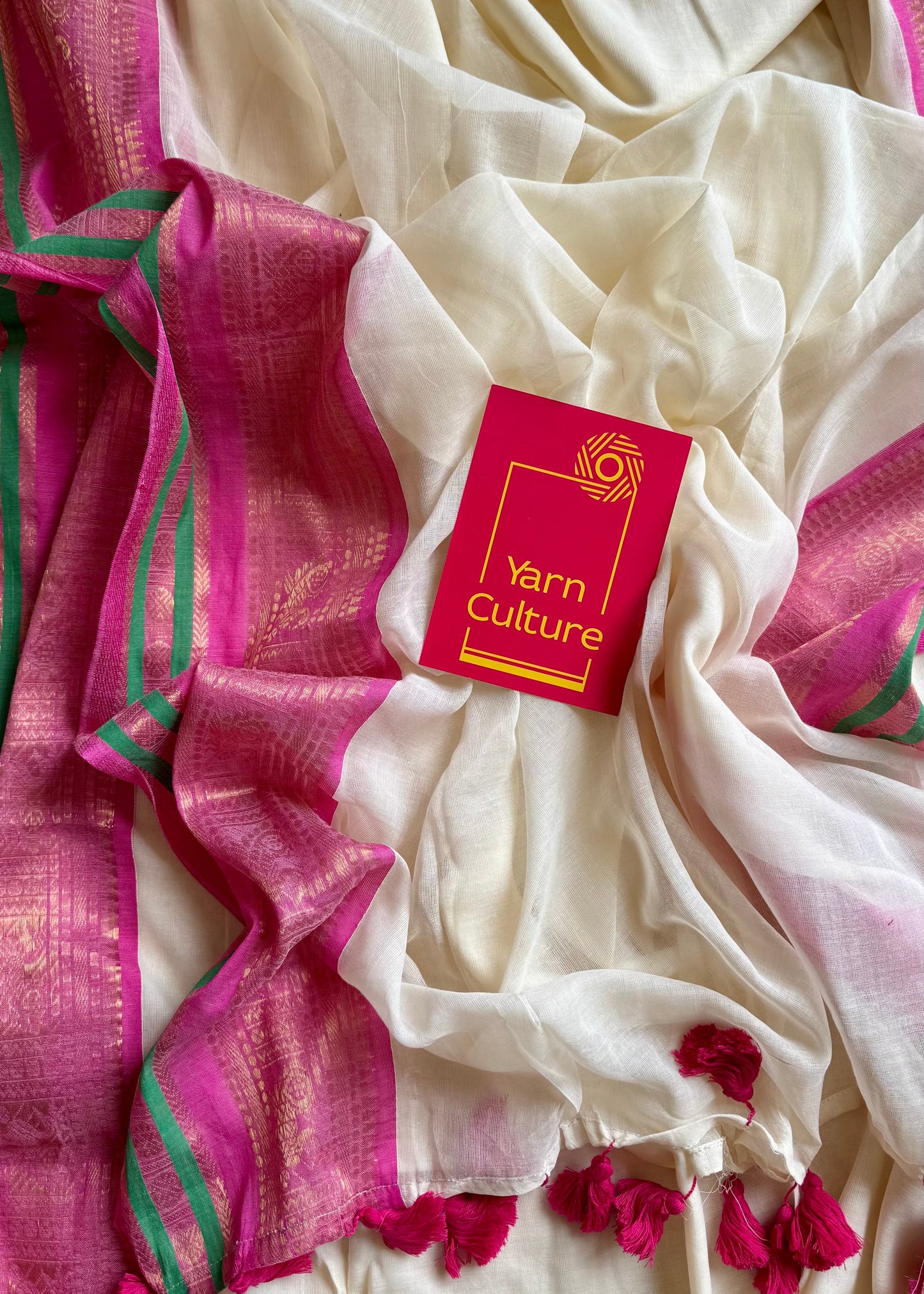 Ivory mul saree, magenta and green kanchi border - YCIEON10