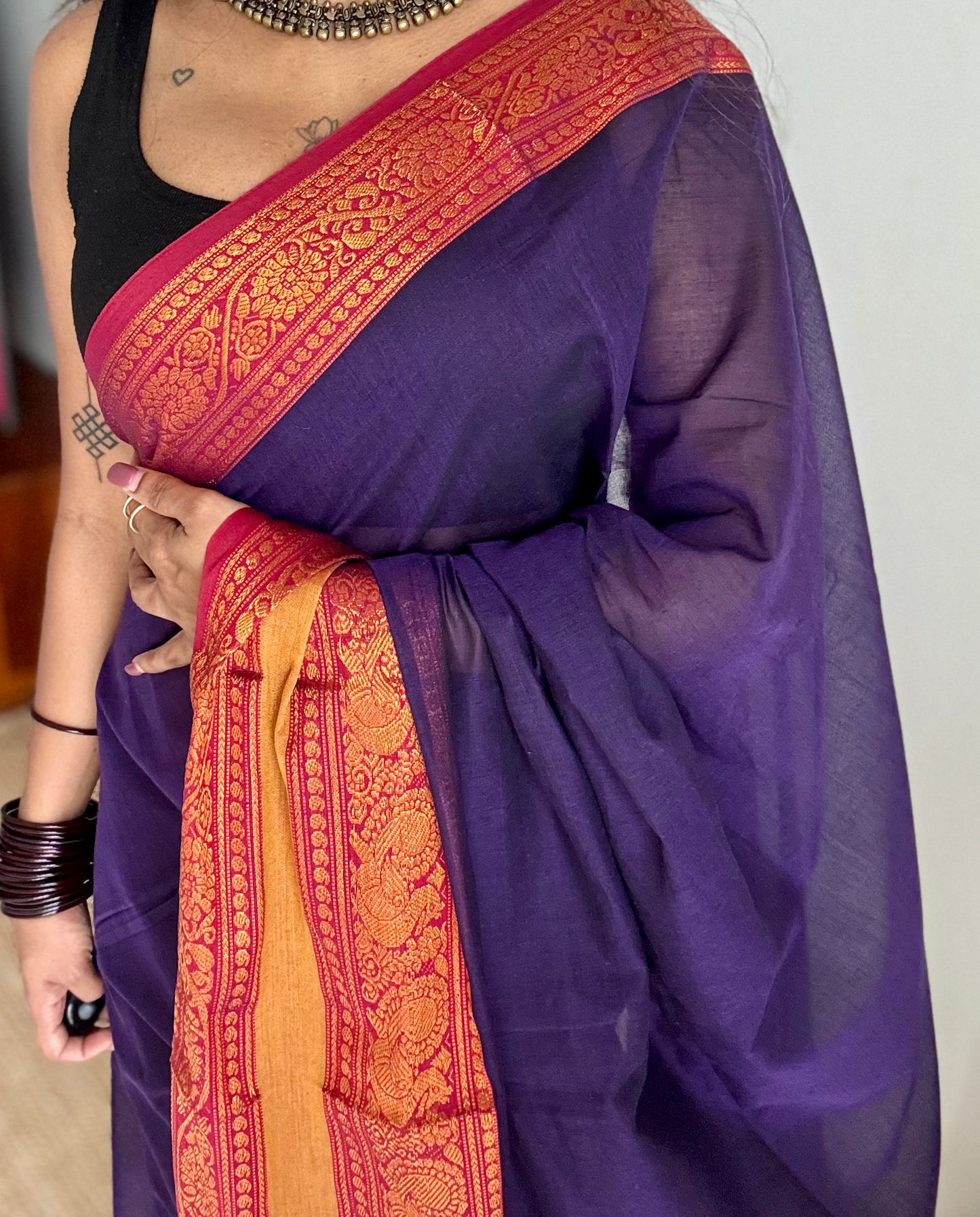 Purple with dark pink wide border, narayanpet soft cotton saree - YCWOTDAUG07