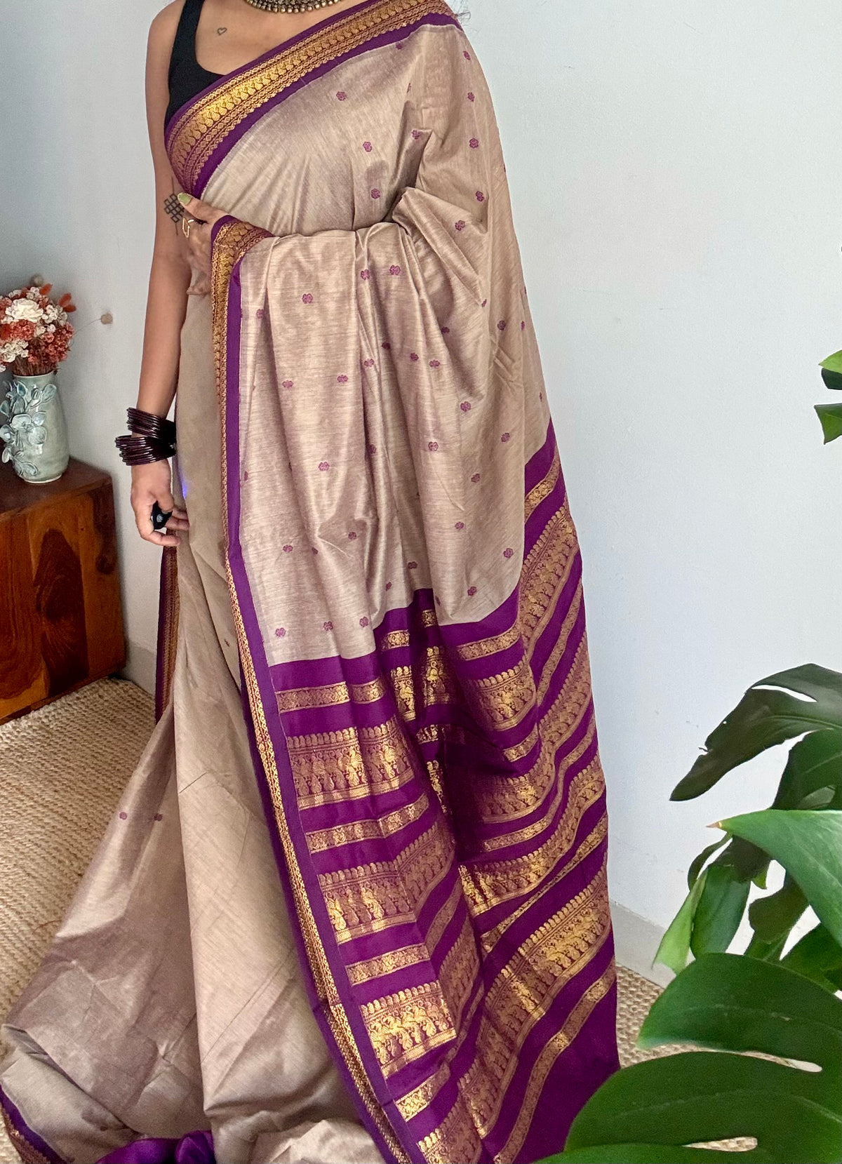 Warm grey with purple, cotton silk saree with zari border - YCCOTNKCOC107