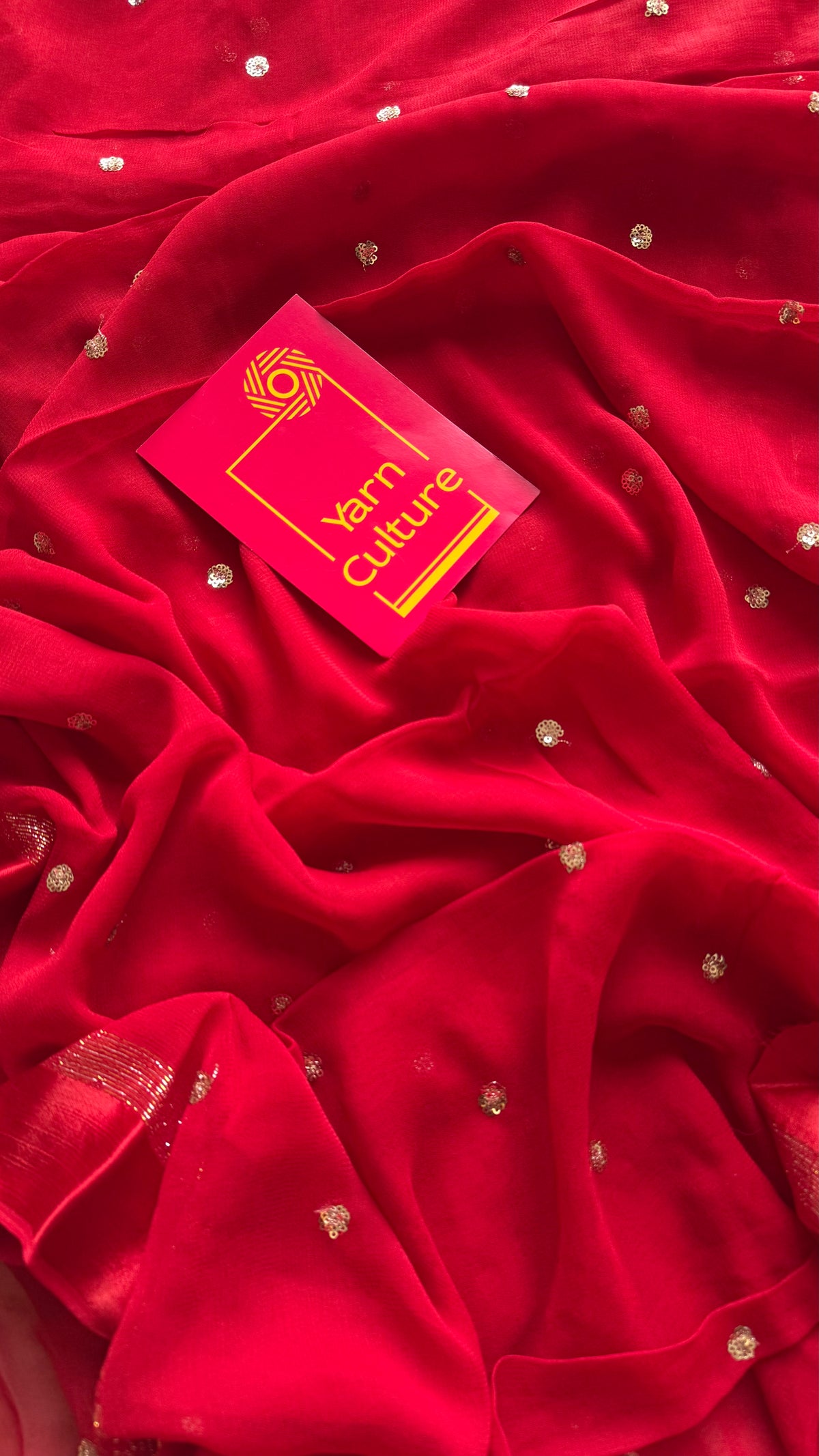 Red viscose georgette saree, gold buttas, satin border - YCDOSOC45