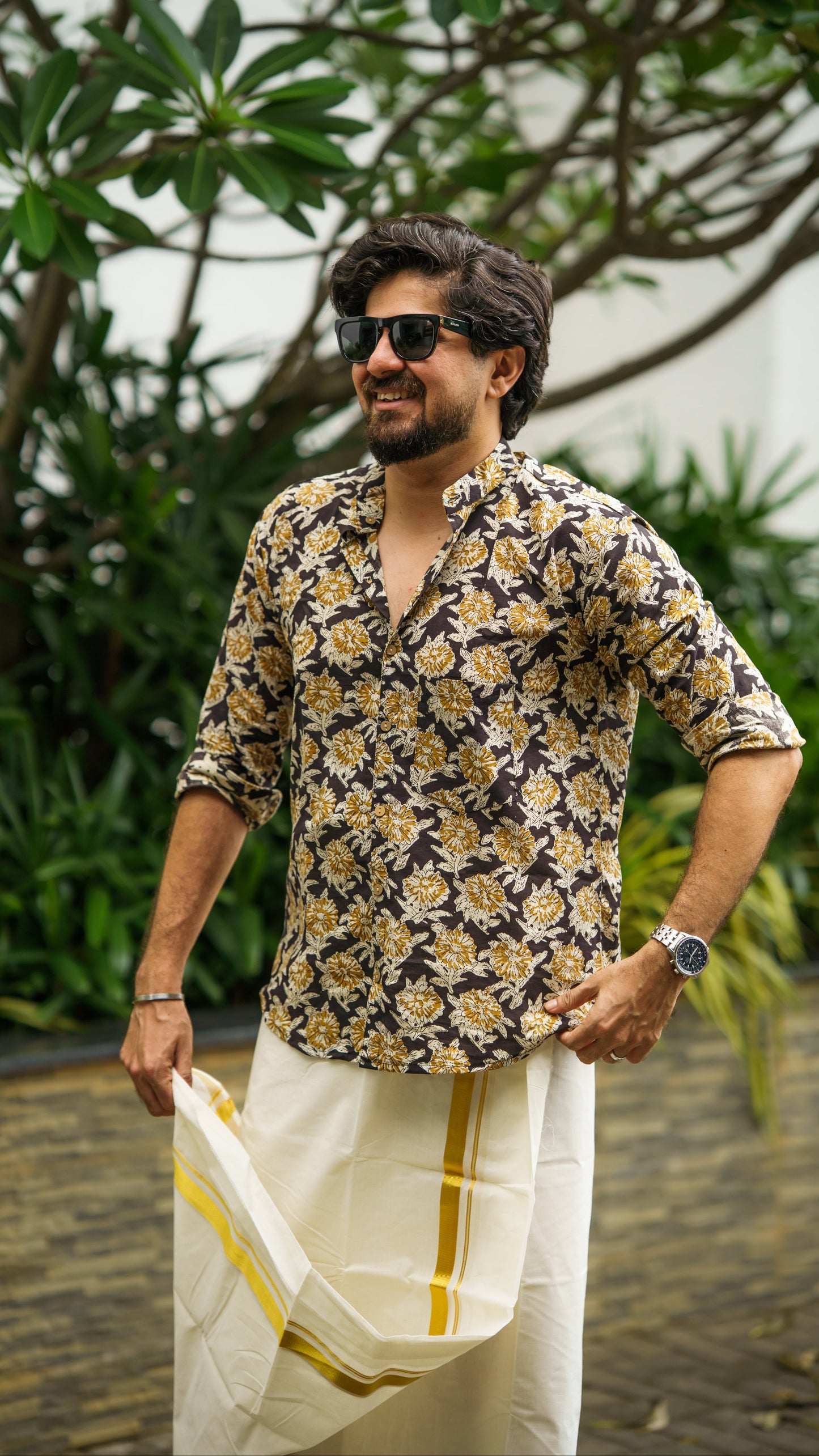 Black & Yellow Floral Block Printed Cotton Men's Mandarin Collar Kurta Shirt - YCMSEIE197