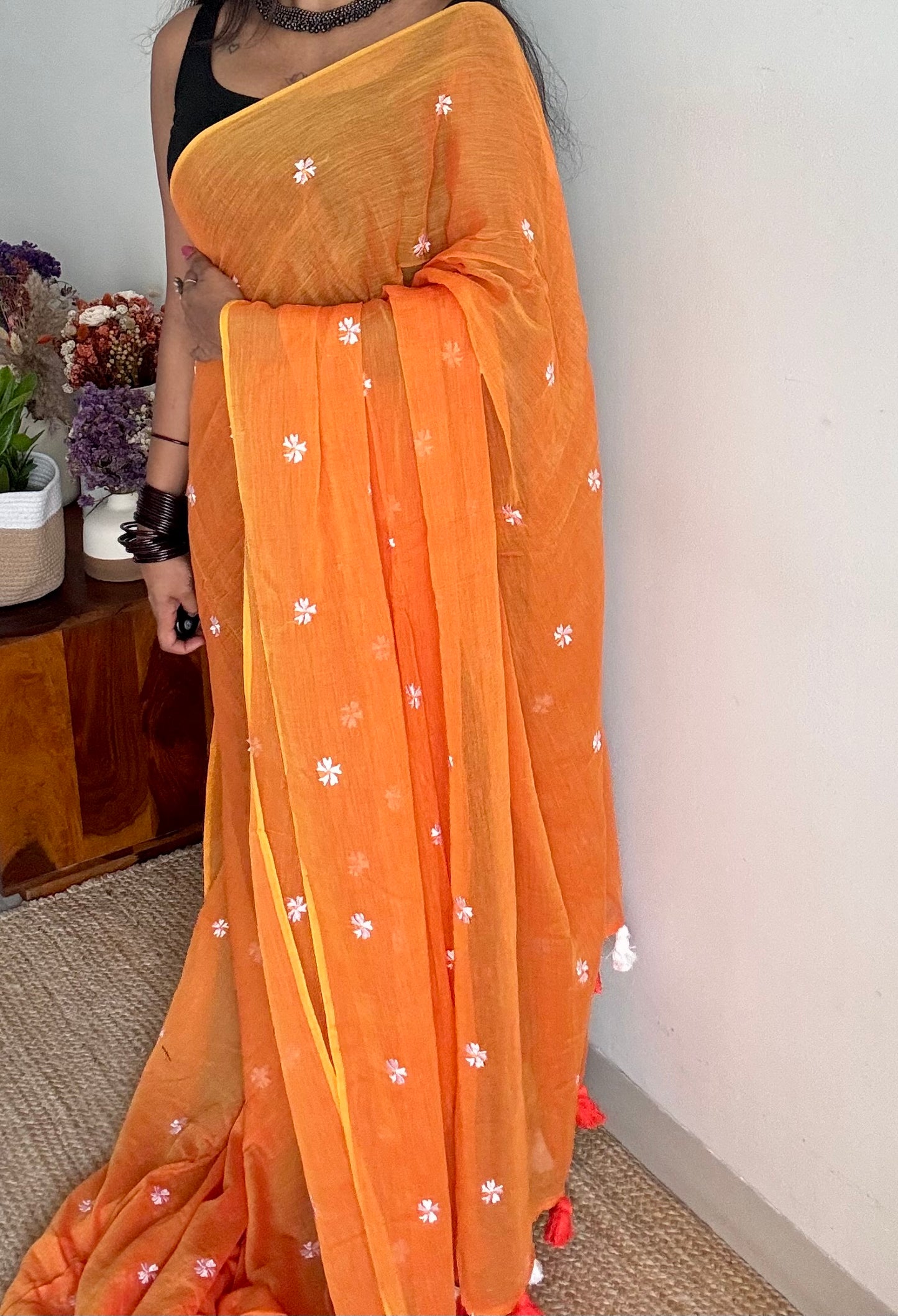 Orange parijat soft mul cotton saree  - YCBCMCAP28
